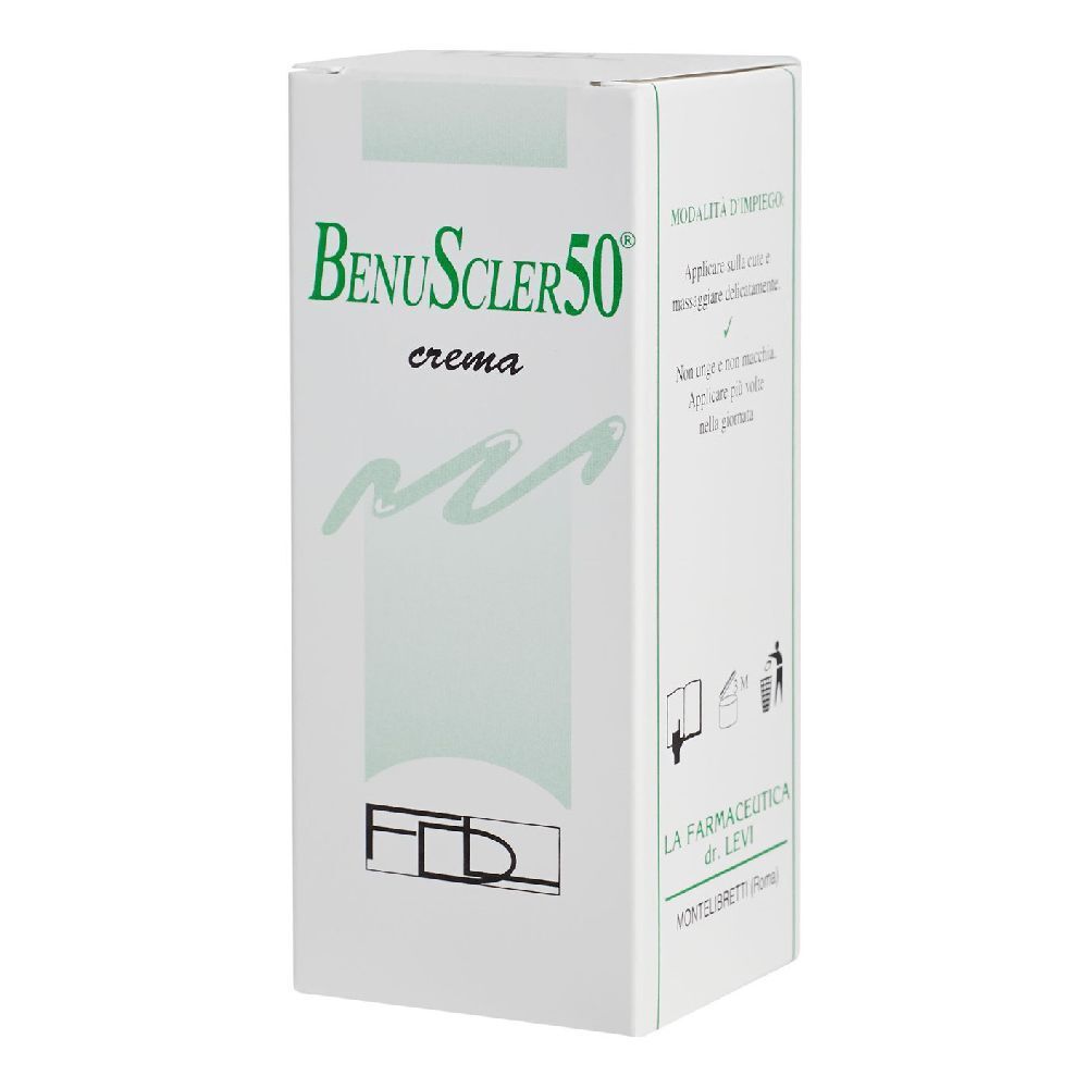 Confezione bianca con testo verde. Scritta: Benuscler 50 crema. Logo F.D.D. Testo in italiano.