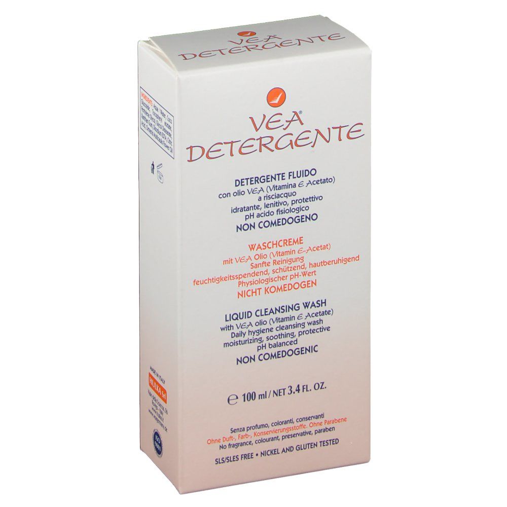Scatola di VEA Detergente. Detergente fluido, Waschcreme, Liquid cleansing wash. Non comedogenico. E 100 ml.