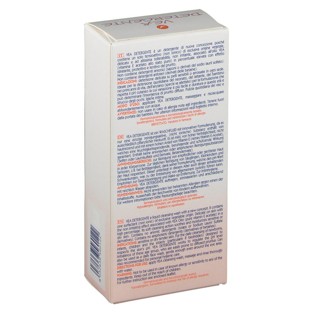 Retro della confezione VEA Detergente. Testo multilingue. Non comedogenico.