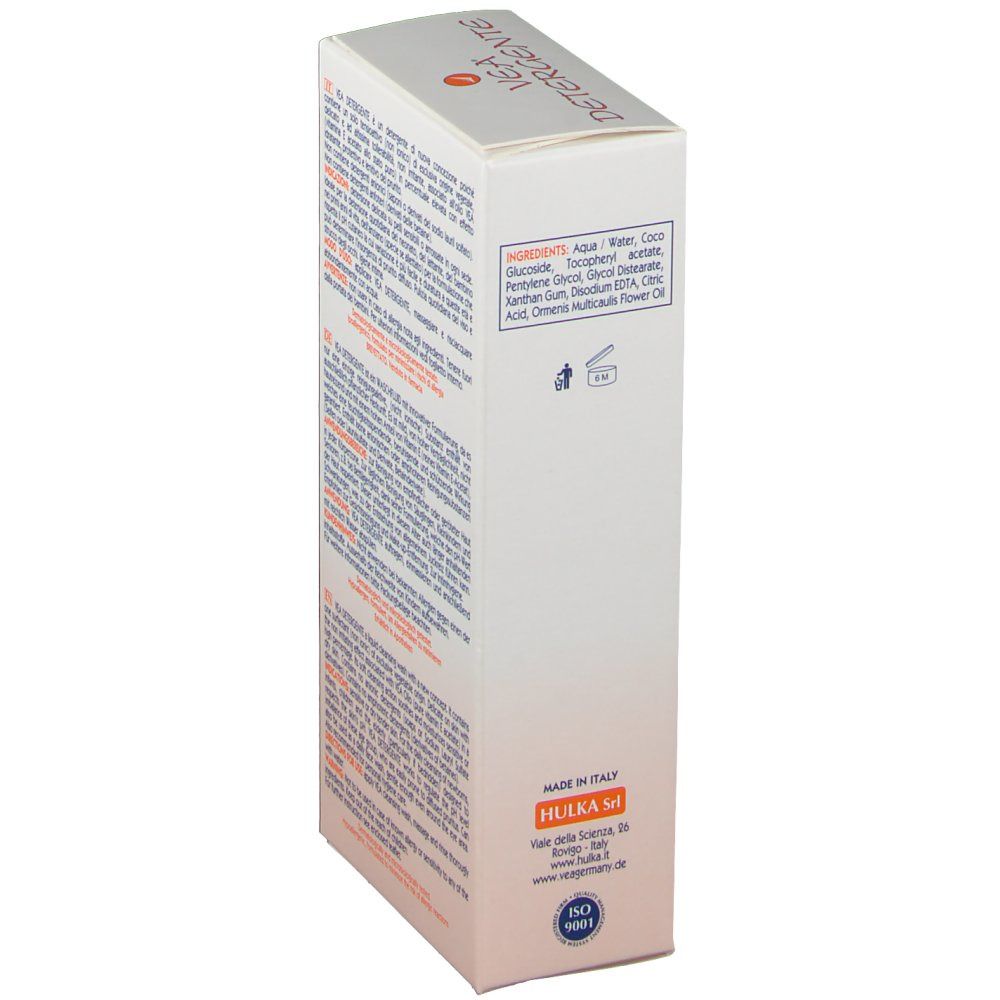 Lato della confezione VEA Detergente. Ingredienti, informazioni del produttore e logo ISO 9001.