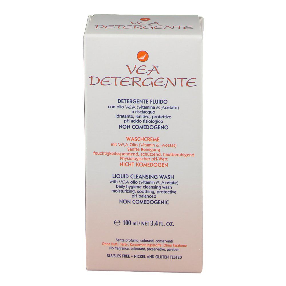 Vista frontale della confezione VEA Detergente. Nome del prodotto, Waschcreme, pulizia liquida. Non comedogenico.