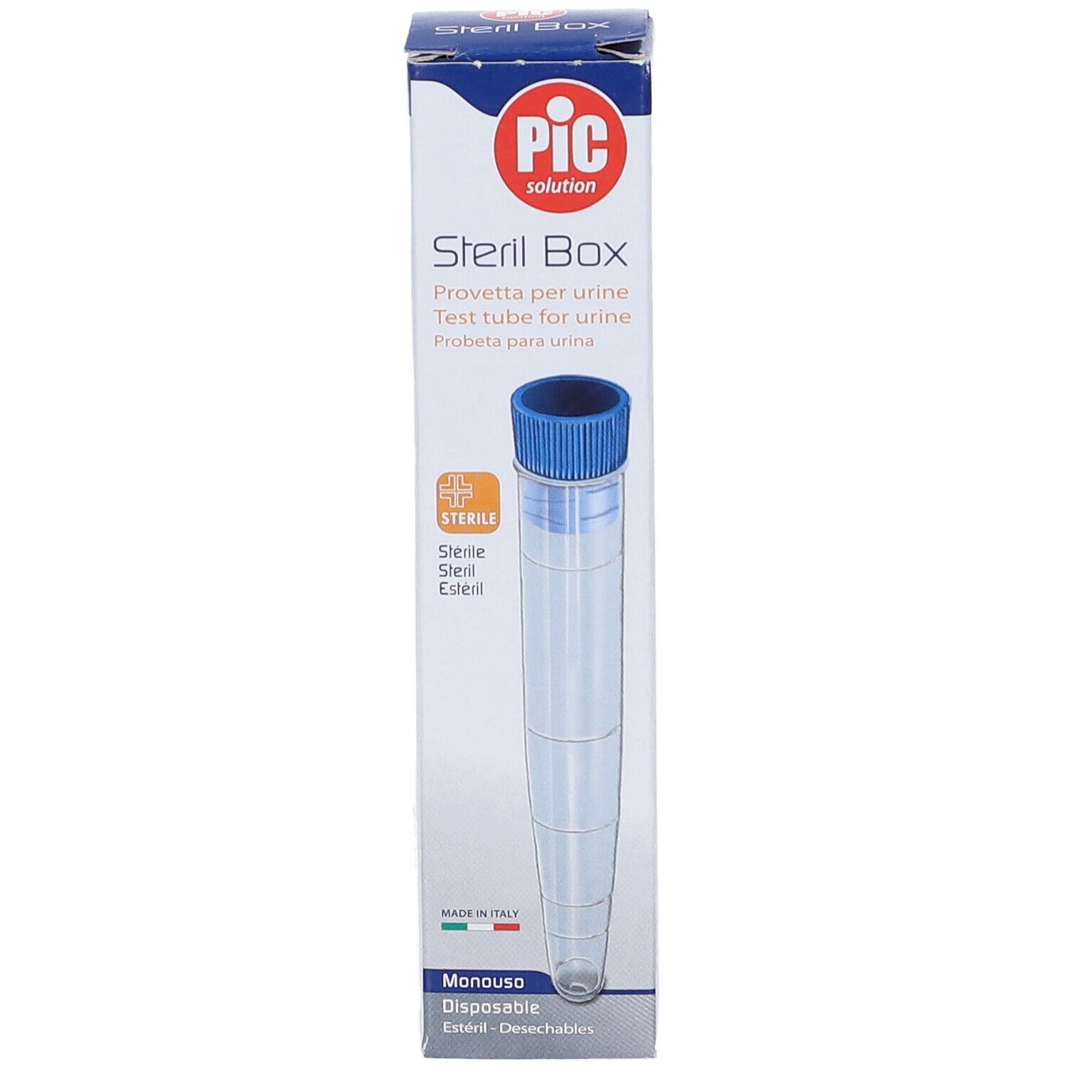 PIC Solution Sterill Box, sterile Urin-Probenröhrchen, blaue Kappe, weiße Verpackung.