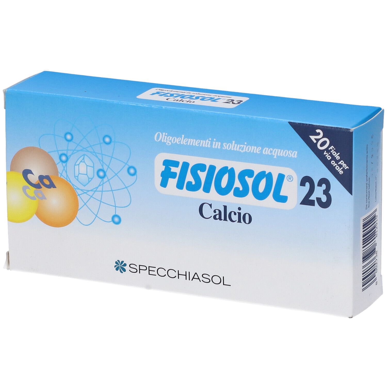 Scatola blu e bianca con nome prodotto FISIOSOL 23 Calcio. 20 fiale. Logo e scritta SPECCHIASOL.