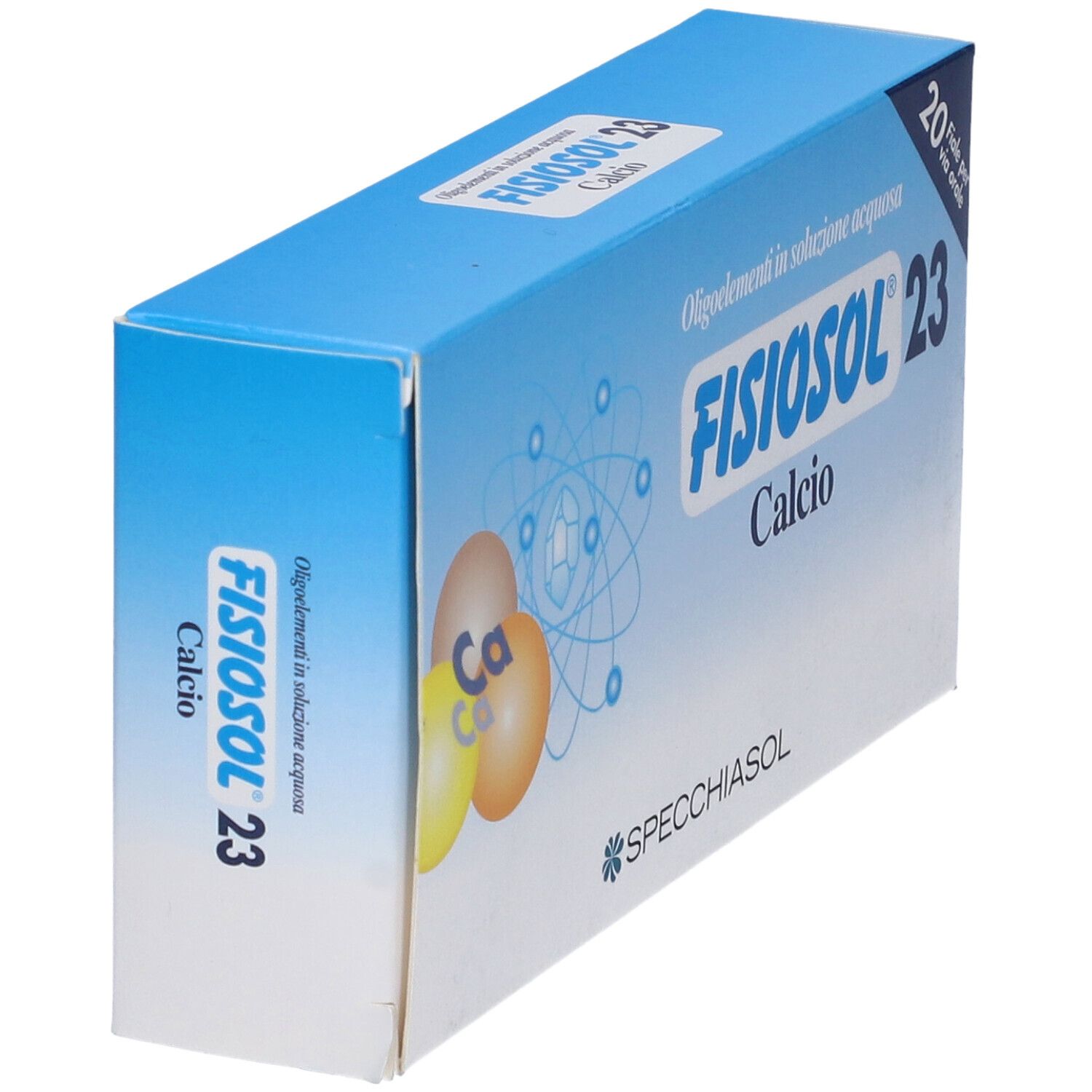 Scatola FISIOSOL 23 Calcio, blu e bianca. 20 fiale. Logo SPECCHIASOL. Vista prospettica.