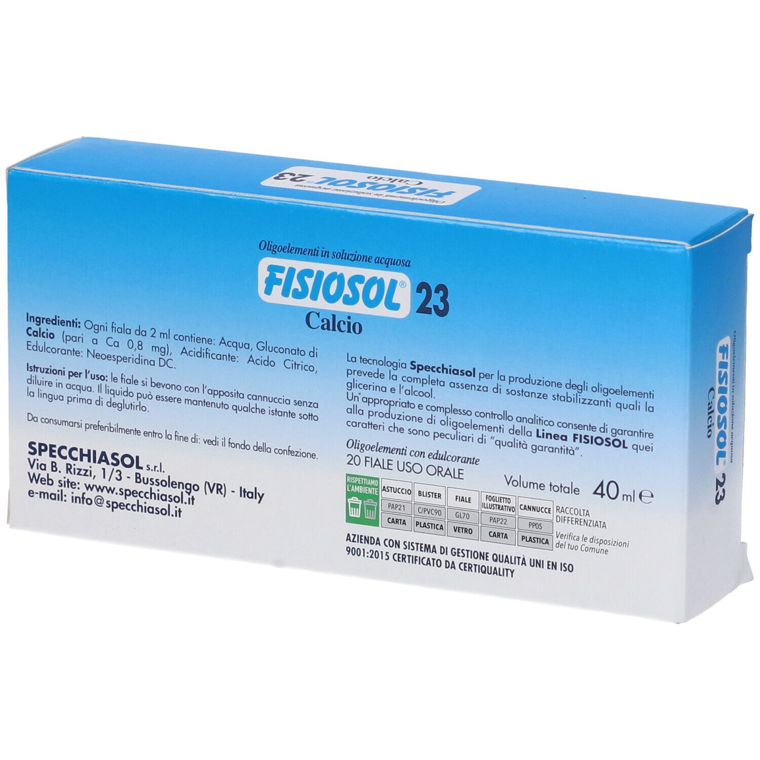 Retro della scatola FISIOSOL 23 Calcio. Informazioni testuali, ingredienti, indirizzo produttore, 20 fiale.