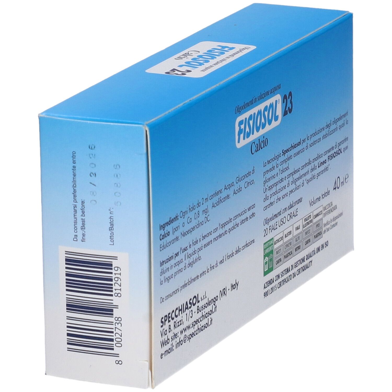 Retro della scatola FISIOSOL 23 Calcio. Testo, data di scadenza, numero di lotto, indirizzo produttore.
