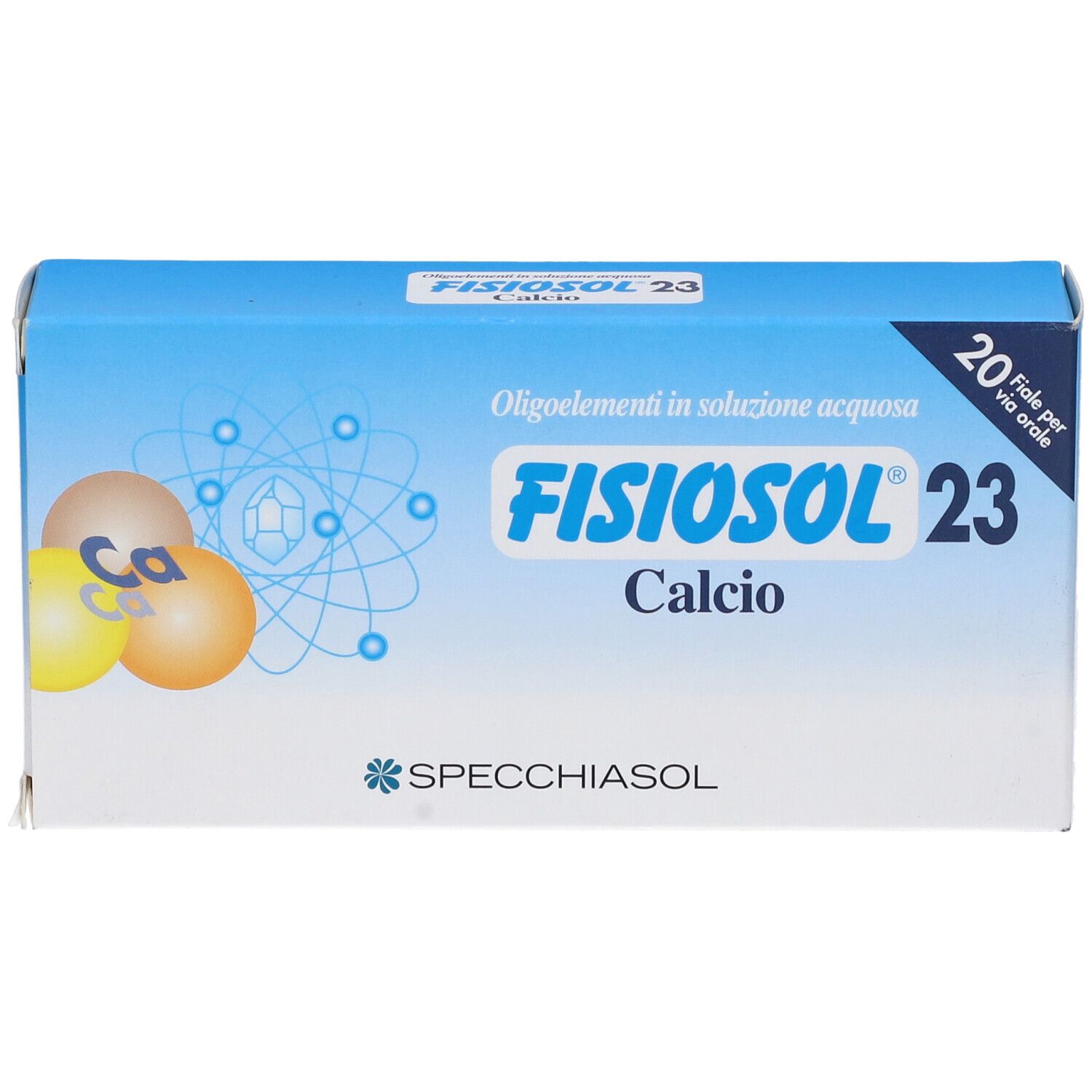 Fronte della scatola FISIOSOL 23 Calcio. Nome prodotto, logo, 20 fiale. Design blu e bianco.