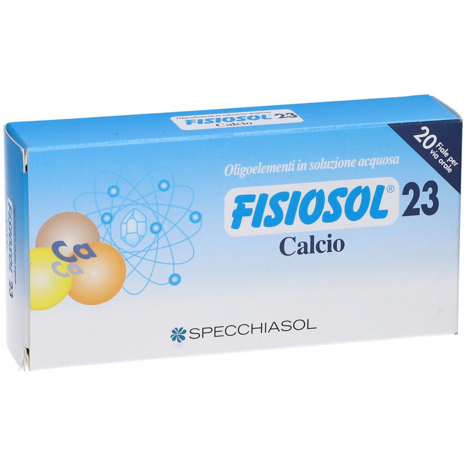 Fronte della scatola FISIOSOL 23 Calcio. Nome prodotto, logo, 20 fiale. Design blu e bianco.