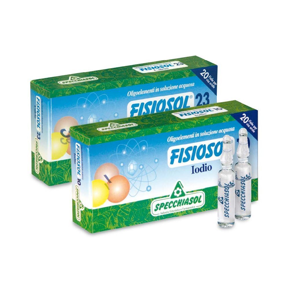 Due scatole di Fisiosol 23 e due fiale. Scritta: Fisiosol 23, Oligoelemente in soluzione acquosa, Specchiasol.