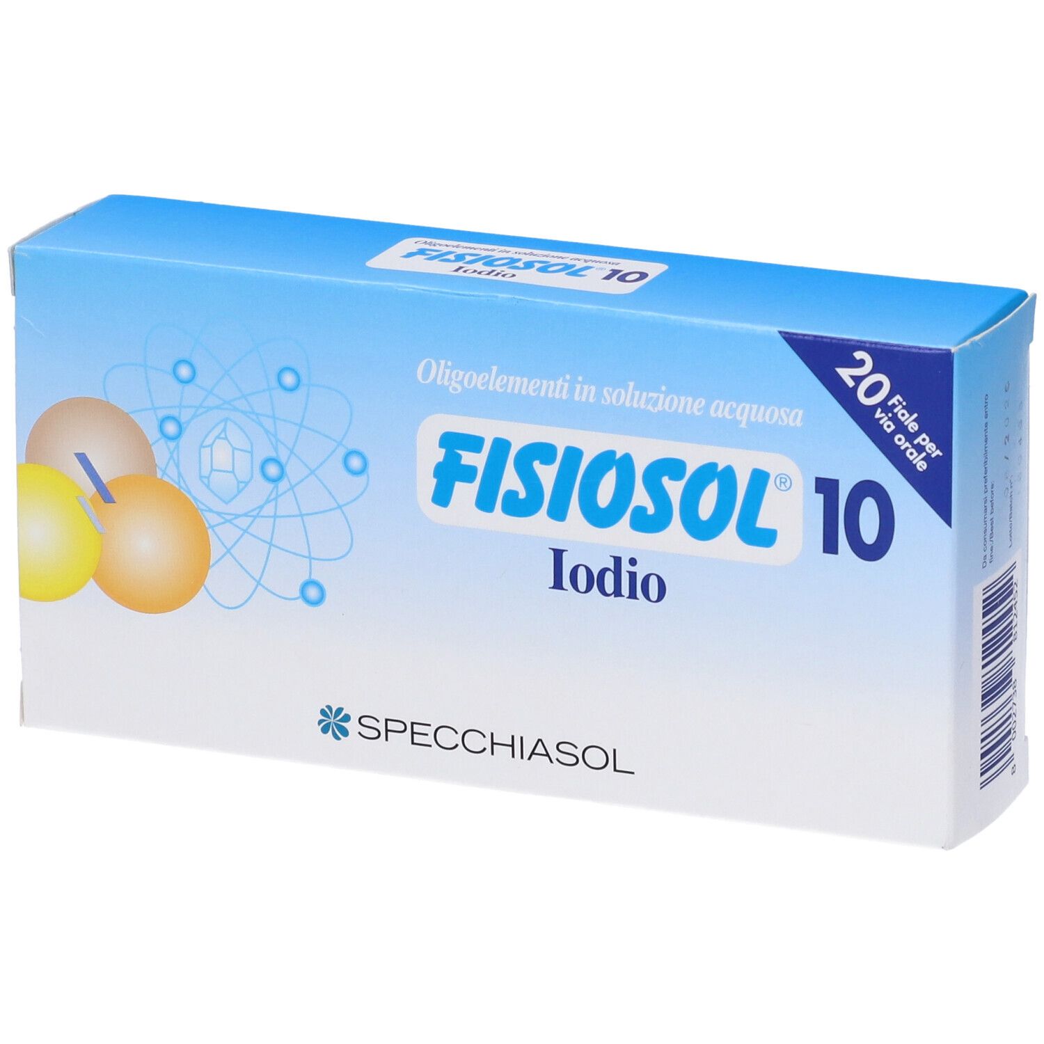 Scatola Fisiosol 10, blu e bianca. Scritta: Fisiosol 10, Iodio, Specchiasol. 20 Fiale per via orale.