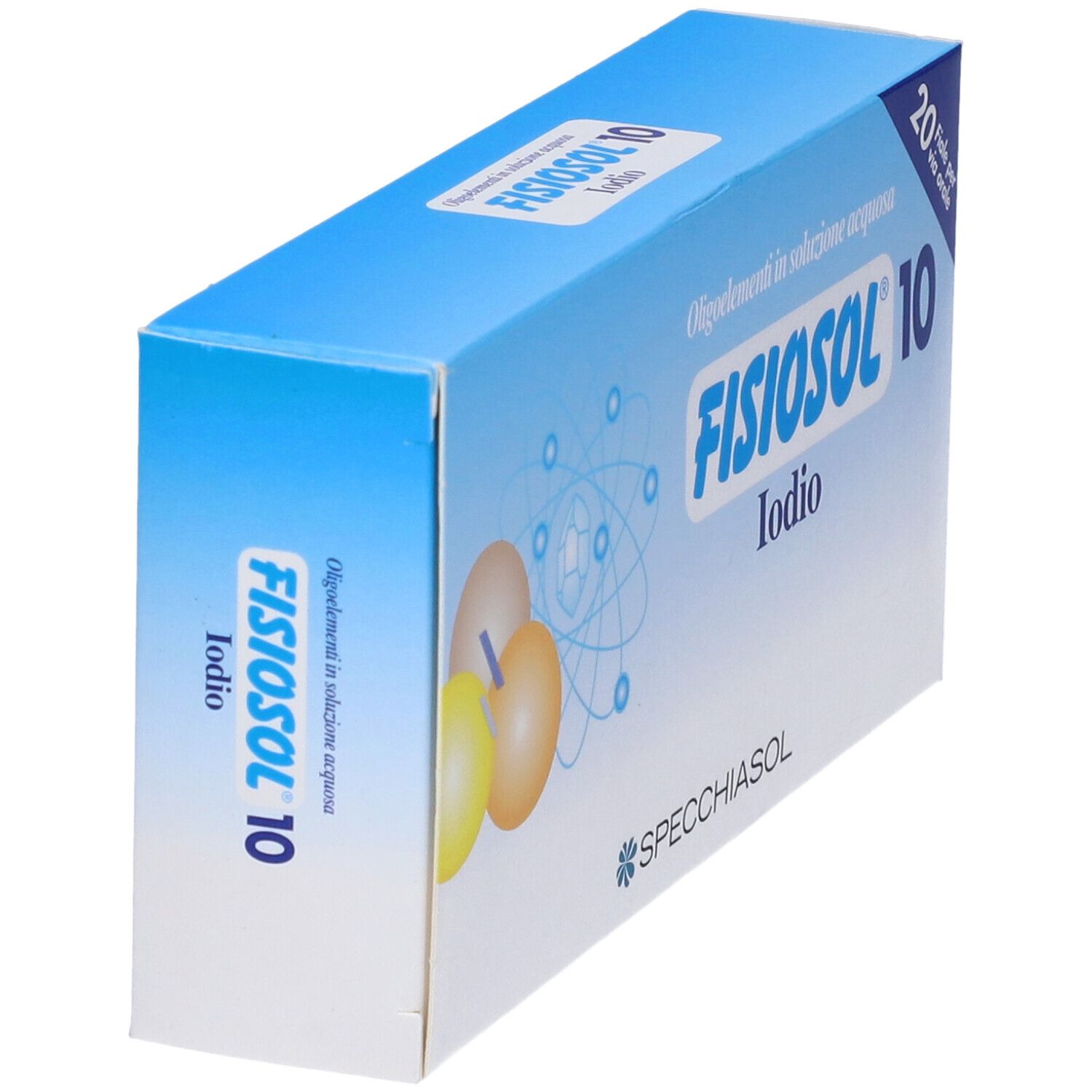 Scatola Fisiosol 10, blu e bianca. Scritta: Fisiosol 10, Iodio, Specchiasol. 20 Fiale per via orale.