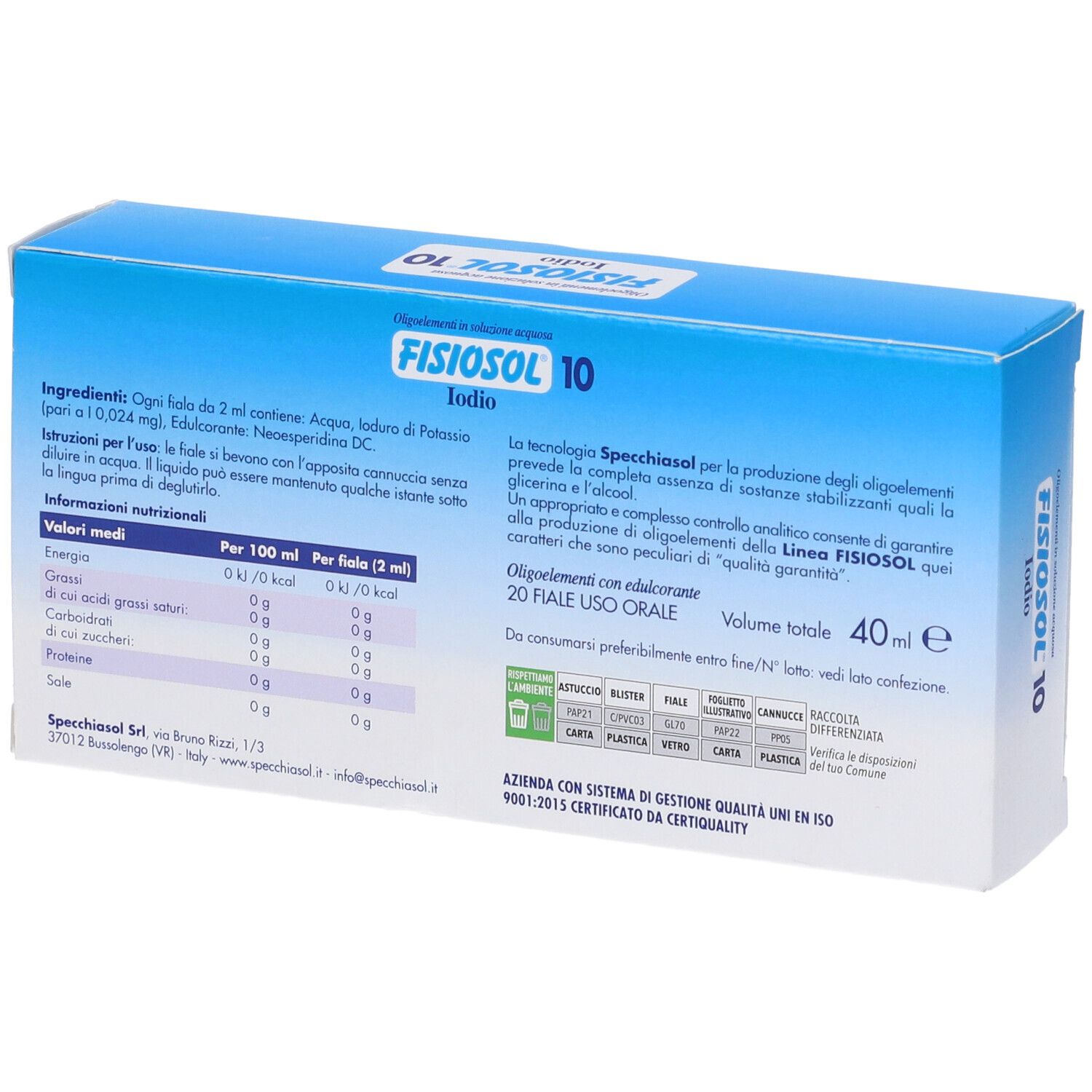 Retro della scatola Fisiosol 10. Testo: Ingredienti, informazioni nutrizionali, istruzioni per l'uso, Specchiasol.