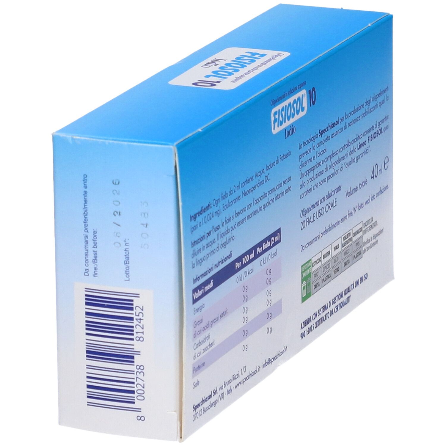 Retro della scatola Fisiosol 10. Testo: Ingredienti, informazioni nutrizionali, istruzioni per l'uso, Specchiasol.