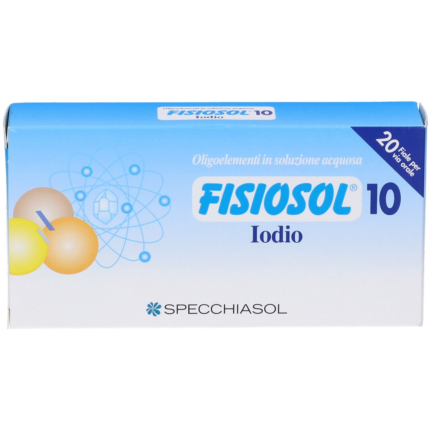 Scatola Fisiosol 10, blu e bianca. Scritta: Fisiosol 10, Iodio, Specchiasol. 20 Fiale per via orale.