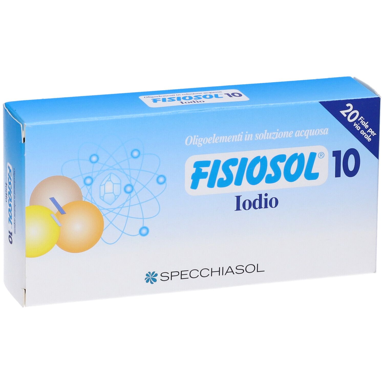 Scatola Fisiosol 10, blu e bianca. Scritta: Fisiosol 10, Iodio, Specchiasol. 20 Fiale per via orale.