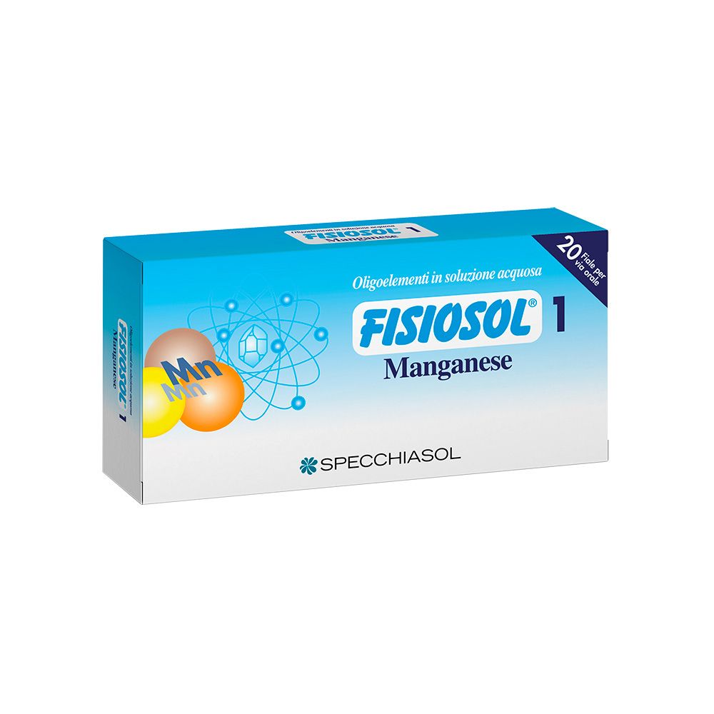 Scatola blu e bianca "Fisiosol 1 Manganese". Contiene 20 fiale. Logo Spechiasol. Simboli Mn e strutture molecolari illustrati.