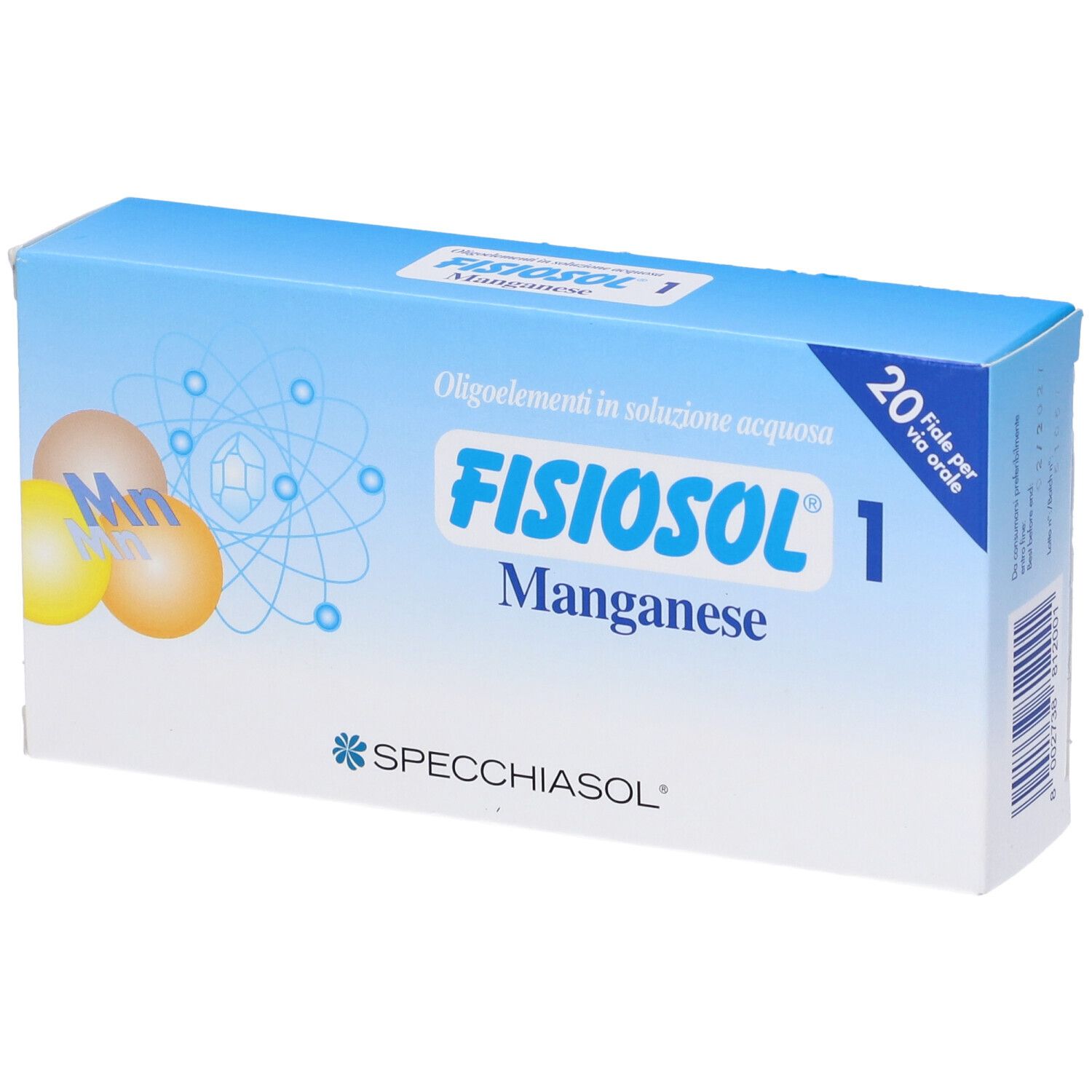 Scatola blu e bianca "Fisiosol 1 Manganese". Contiene 20 fiale. Logo Spechiasol. Simboli Mn e strutture molecolari illustrati.