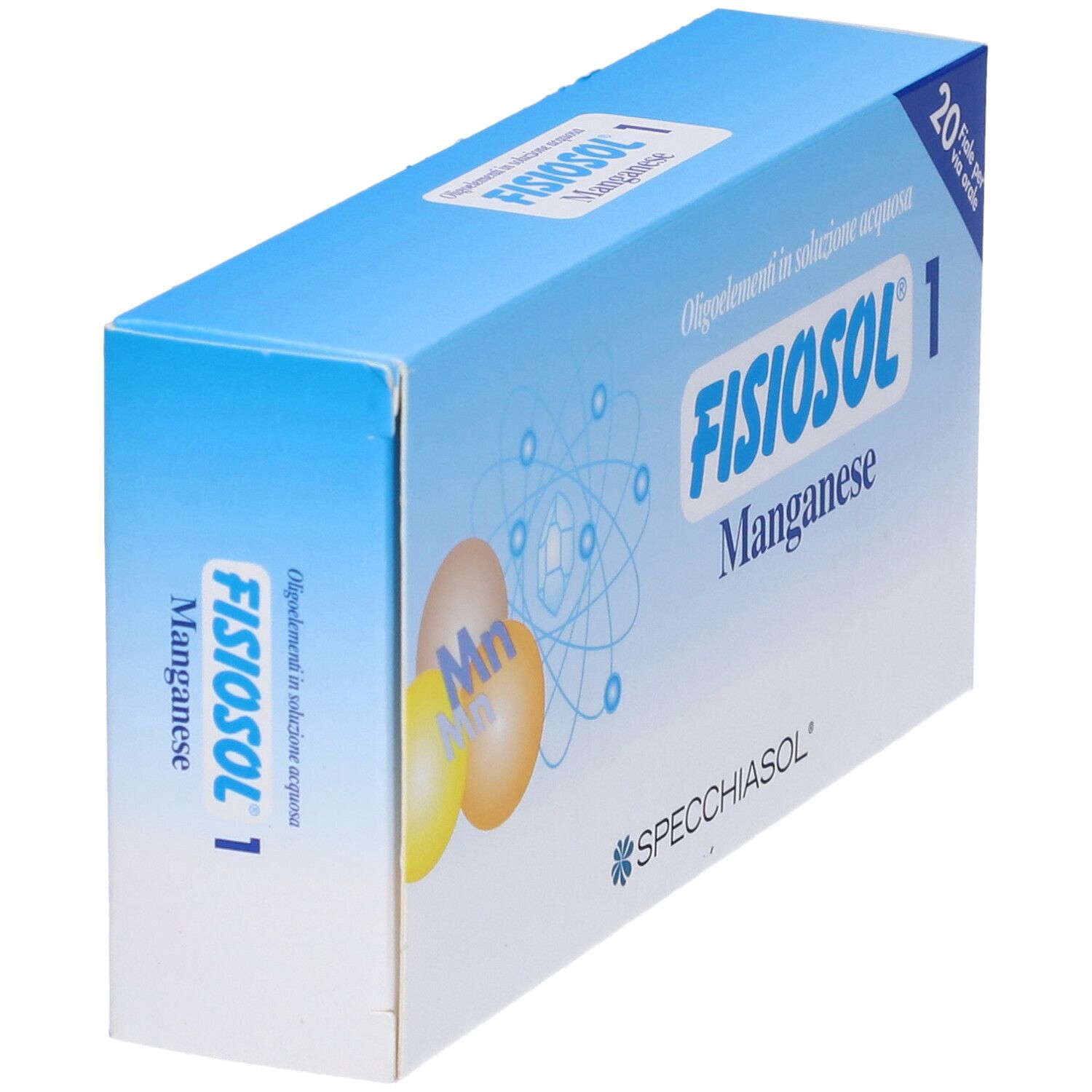 Scatola "Fisiosol 1 Manganese" in blu e bianco. Contiene 20 fiale. Logo Spechiasol. Simboli Mn e strutture molecolari illustrati.