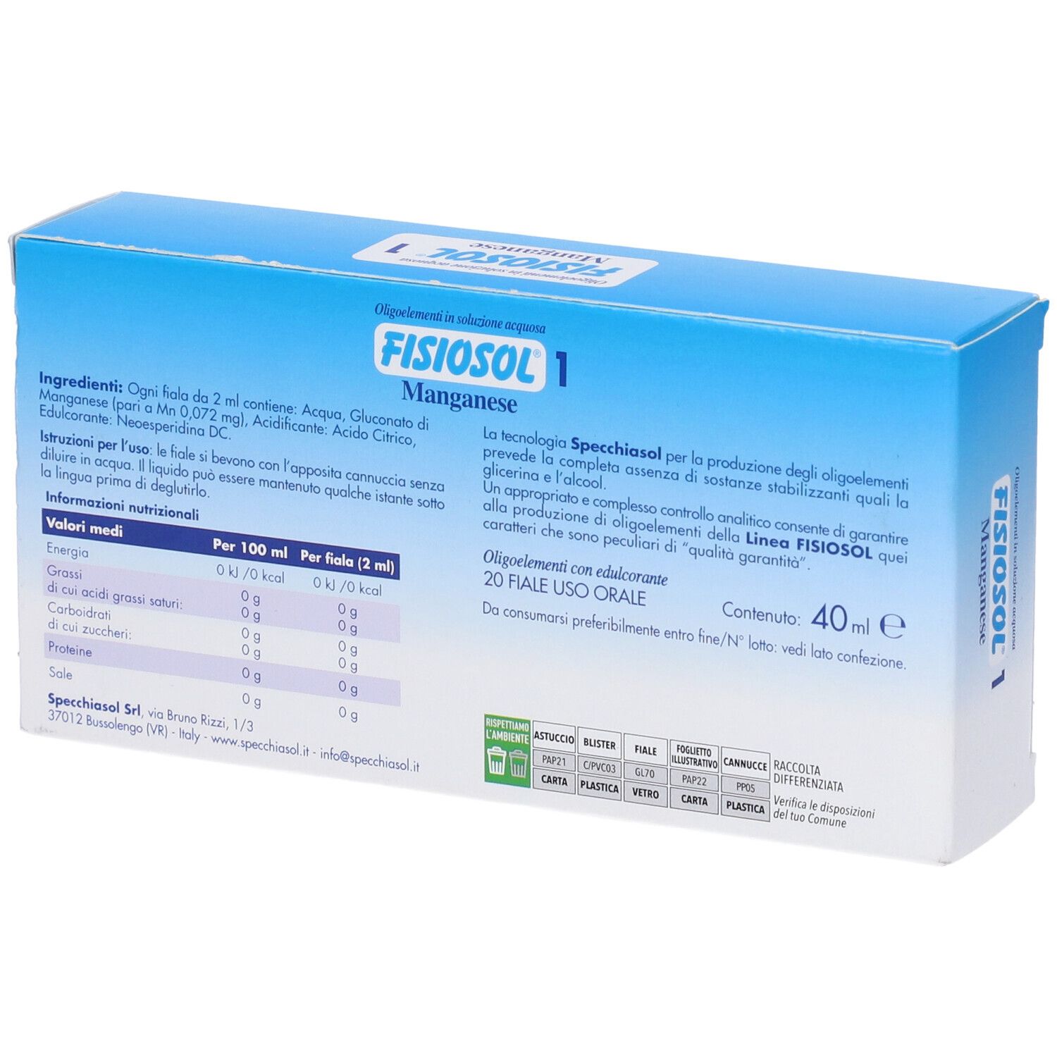 Retro della scatola "Fisiosol 1 Manganese". Informazioni su ingredienti, valori nutrizionali e produttore. 20 fiale.