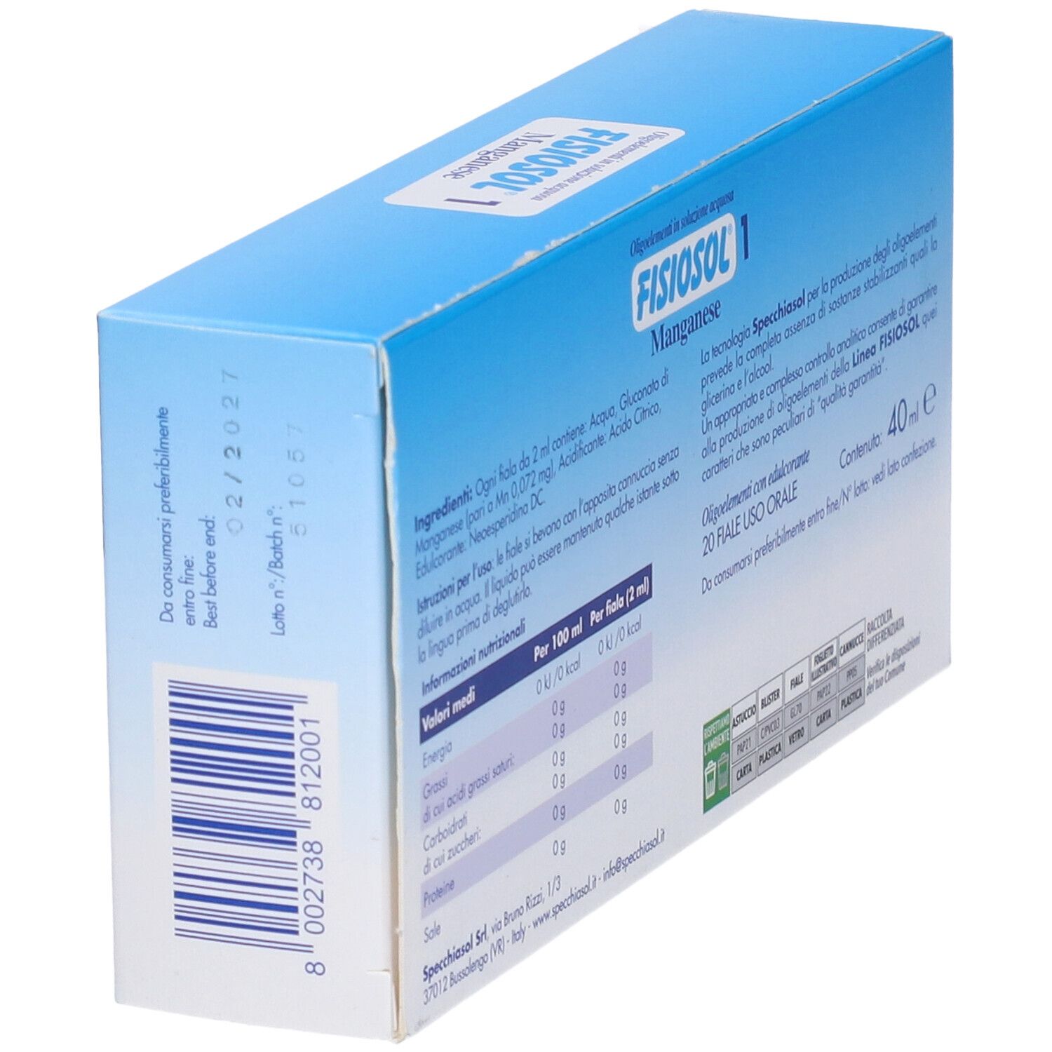 Retro della scatola "Fisiosol 1 Manganese". Informazioni, numero di lotto e data di scadenza. 20 fiale.