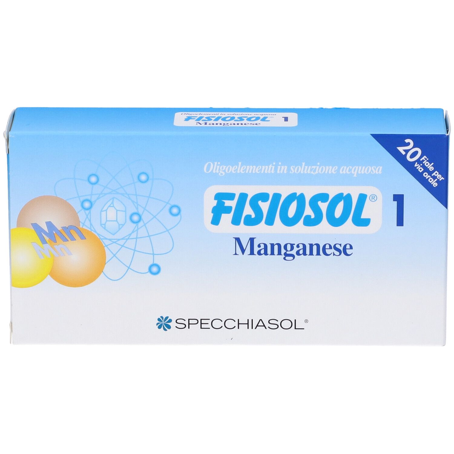Scatola blu e bianca "Fisiosol 1 Manganese". Contiene 20 fiale. Logo Spechiasol. Simboli Mn e strutture molecolari illustrati.