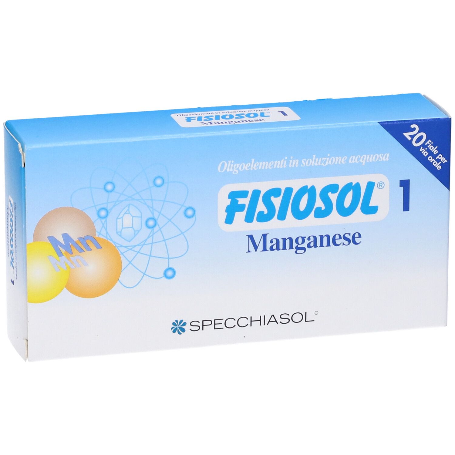 Scatola blu e bianca "Fisiosol 1 Manganese". Contiene 20 fiale. Logo Spechiasol. Simboli Mn e strutture molecolari illustrati.