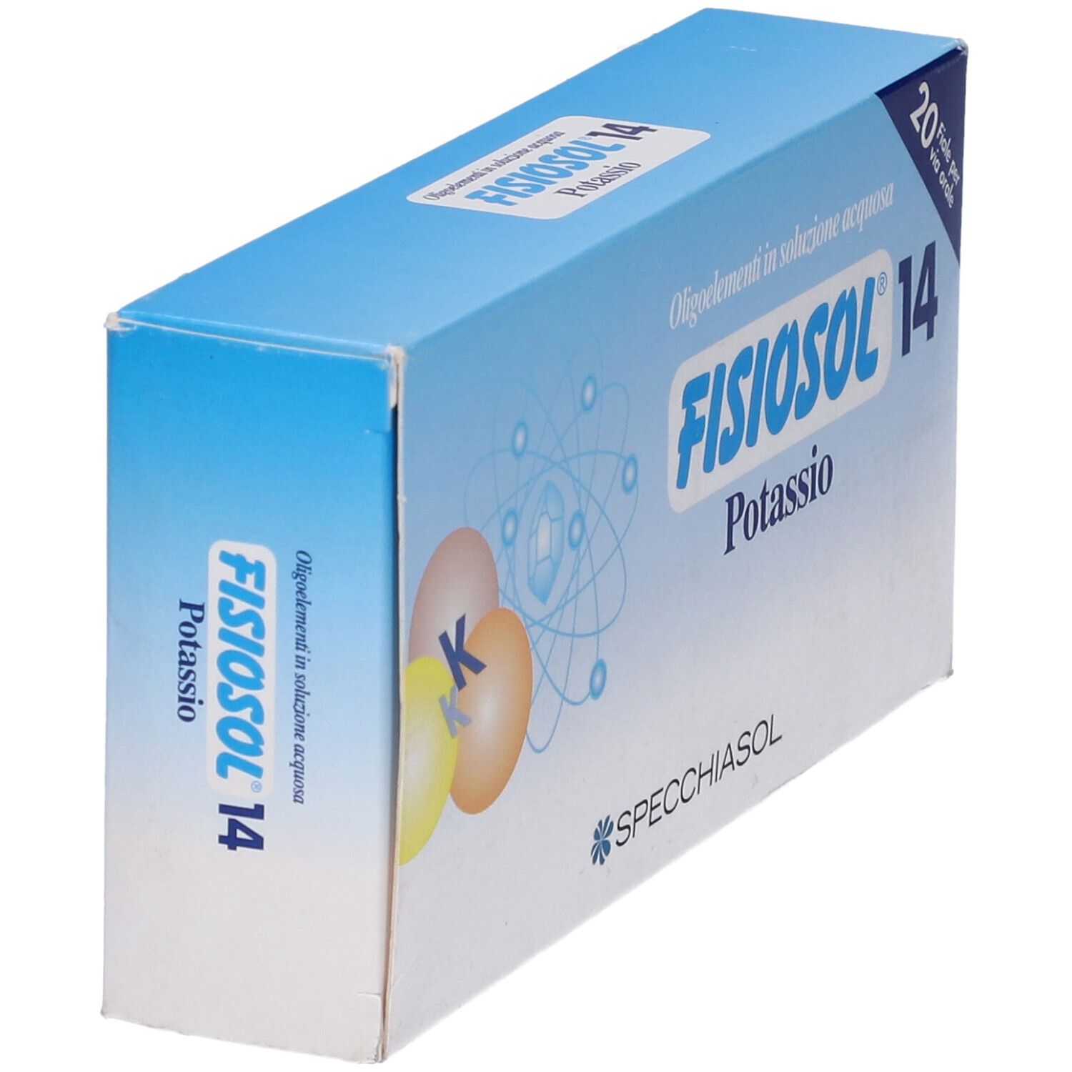 Scatola blu e bianca con logo "FISIOSOL 14 Potassio". 20 fiale. Logo Specciasol. Simbolo K con sfere colorate.