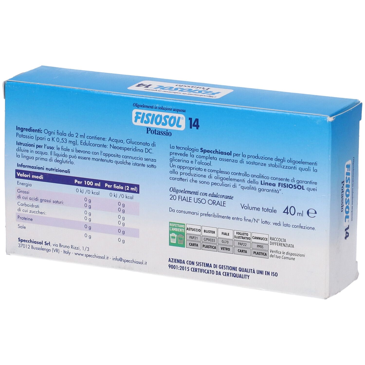Retro della scatola blu. Testo con ingredienti, informazioni nutrizionali e produttore. 20 fiale.