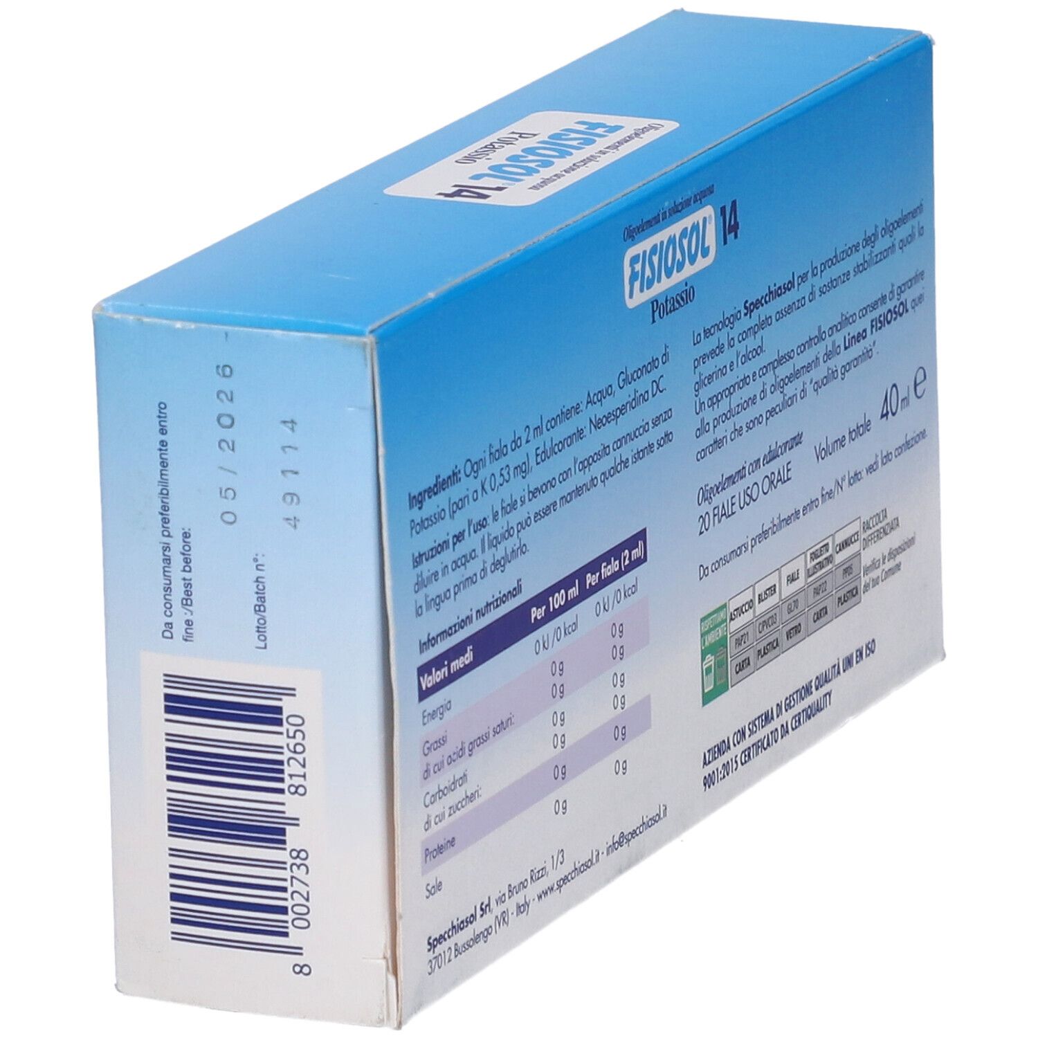 Scatola blu, retro con testo. Ingredienti, informazioni nutrizionali, produttore. 20 fiale. Data di scadenza.