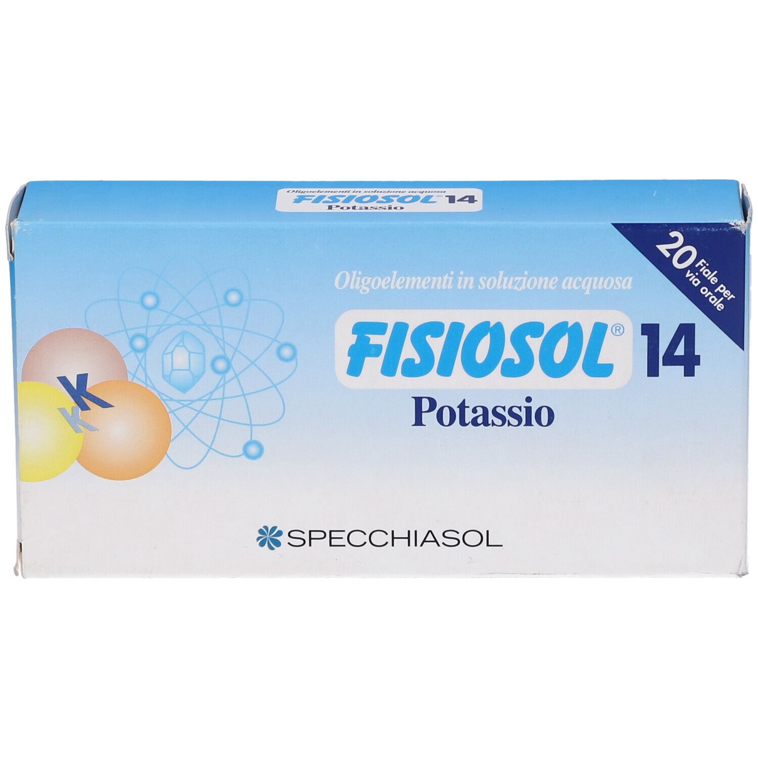 Scatola blu e bianca con logo "FISIOSOL 14 Potassio". 20 fiale. Logo Specciasol. Simbolo K con sfere colorate.