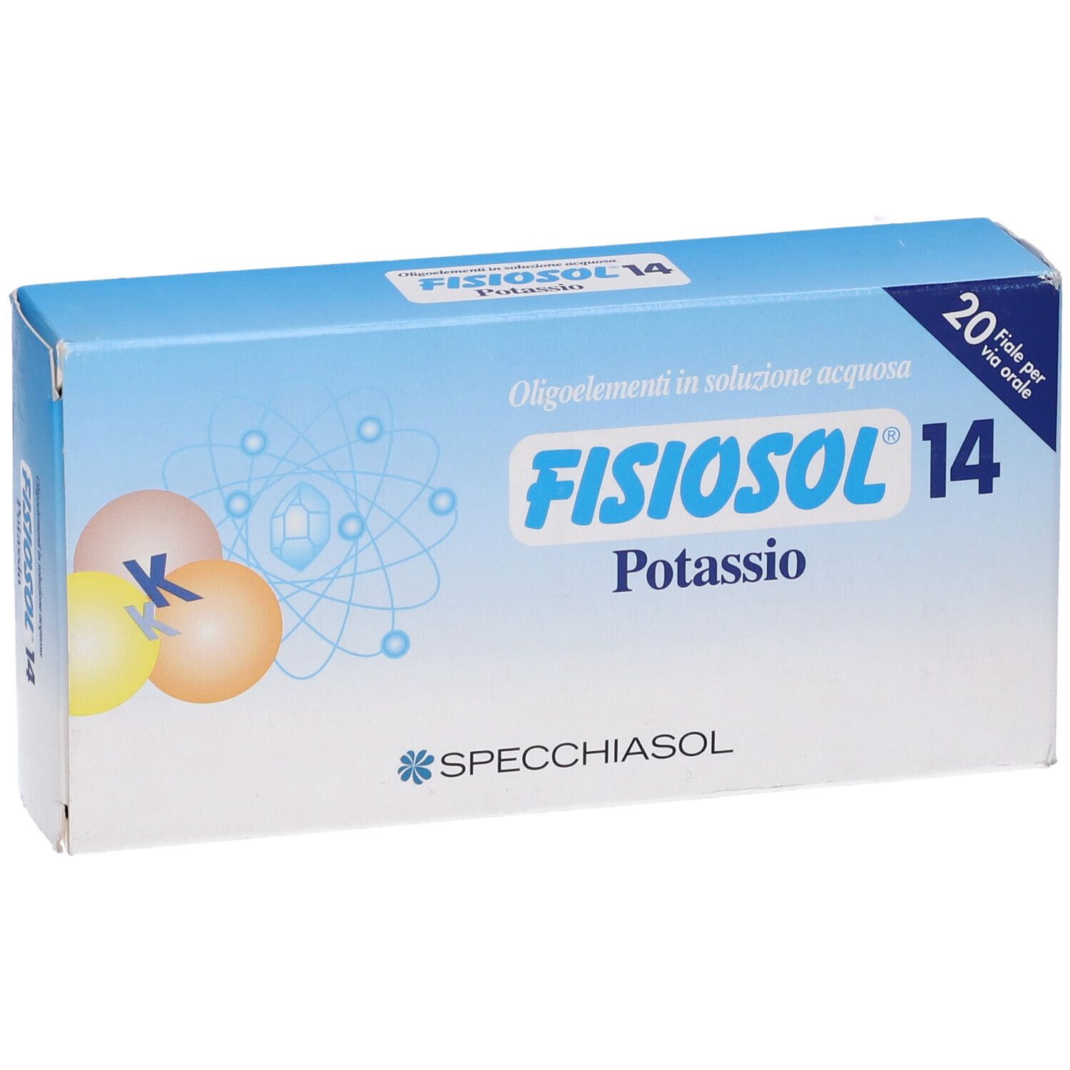 Scatola blu e bianca con logo "FISIOSOL 14 Potassio". 20 fiale. Logo Specciasol. Simbolo K con sfere colorate.