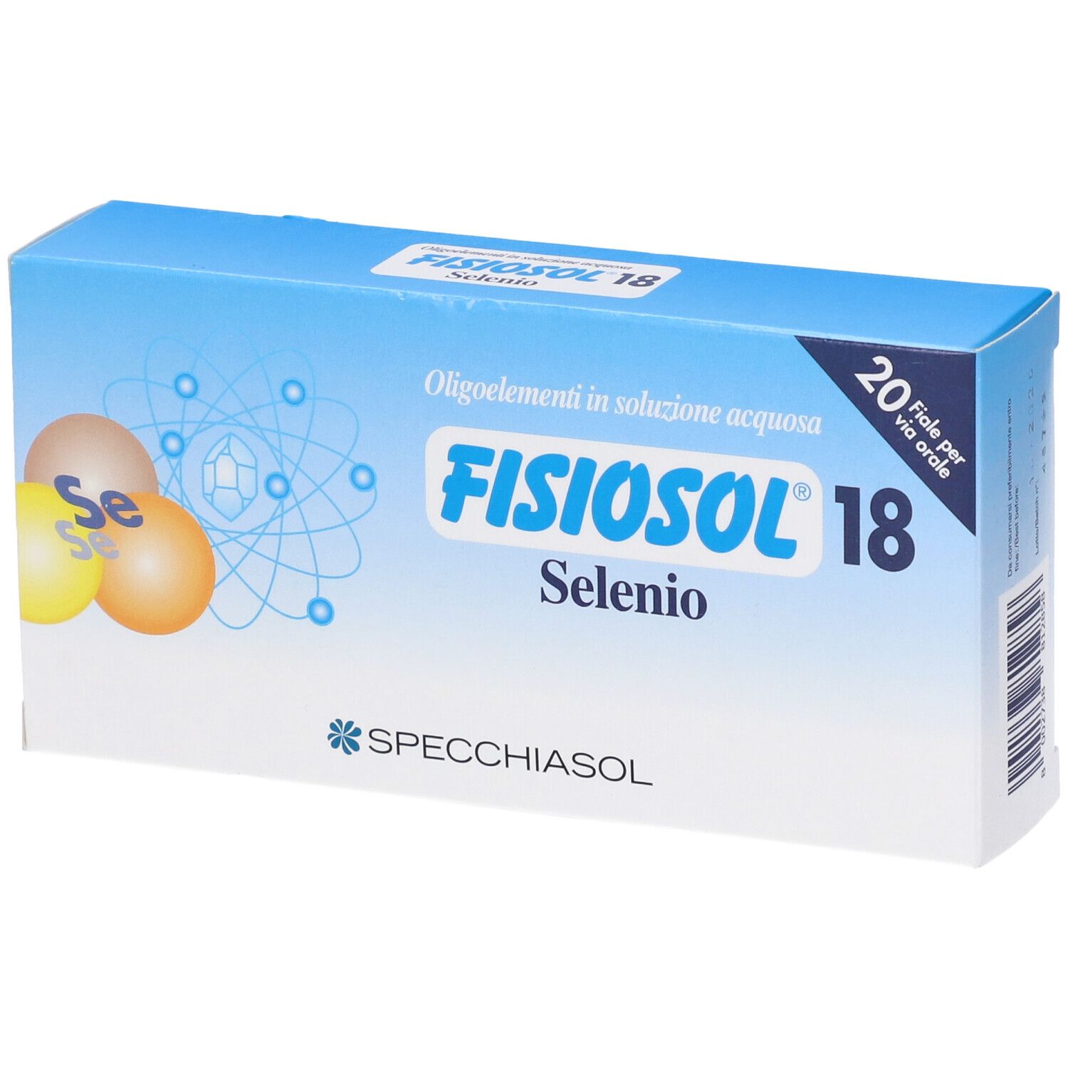 Scatola blu Fisiosol 18 Se 20F. Nome del prodotto, logo e 20 fiale. Sfondo con uova.