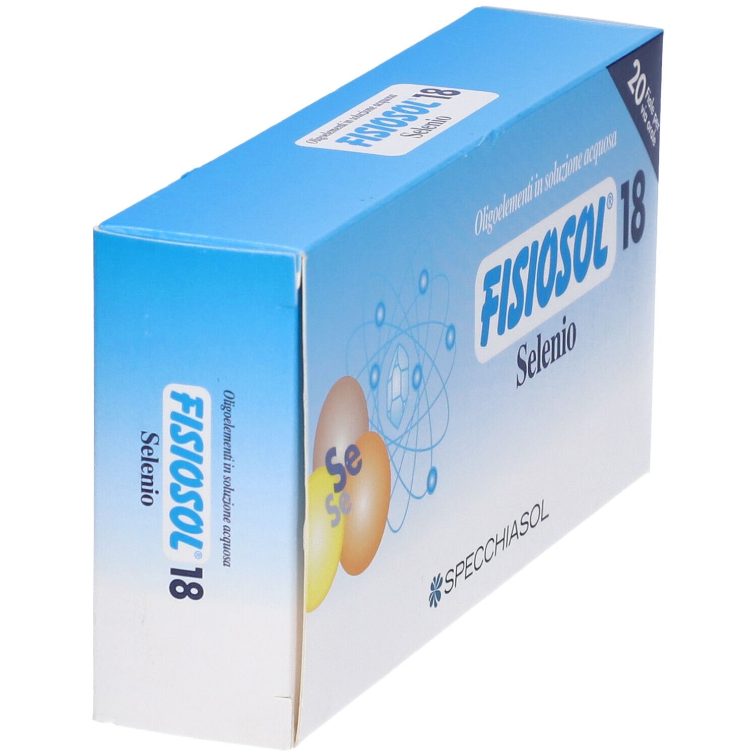 Scatola blu Fisiosol 18 Se 20F. Nome del prodotto, logo e 20 fiale. Vista prospettica.