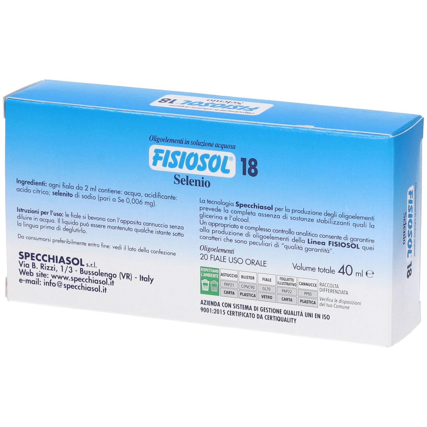 Scatola blu Fisiosol 18 Se 20F. Informazioni sul prodotto, ingredienti e logo. Testo in italiano.
