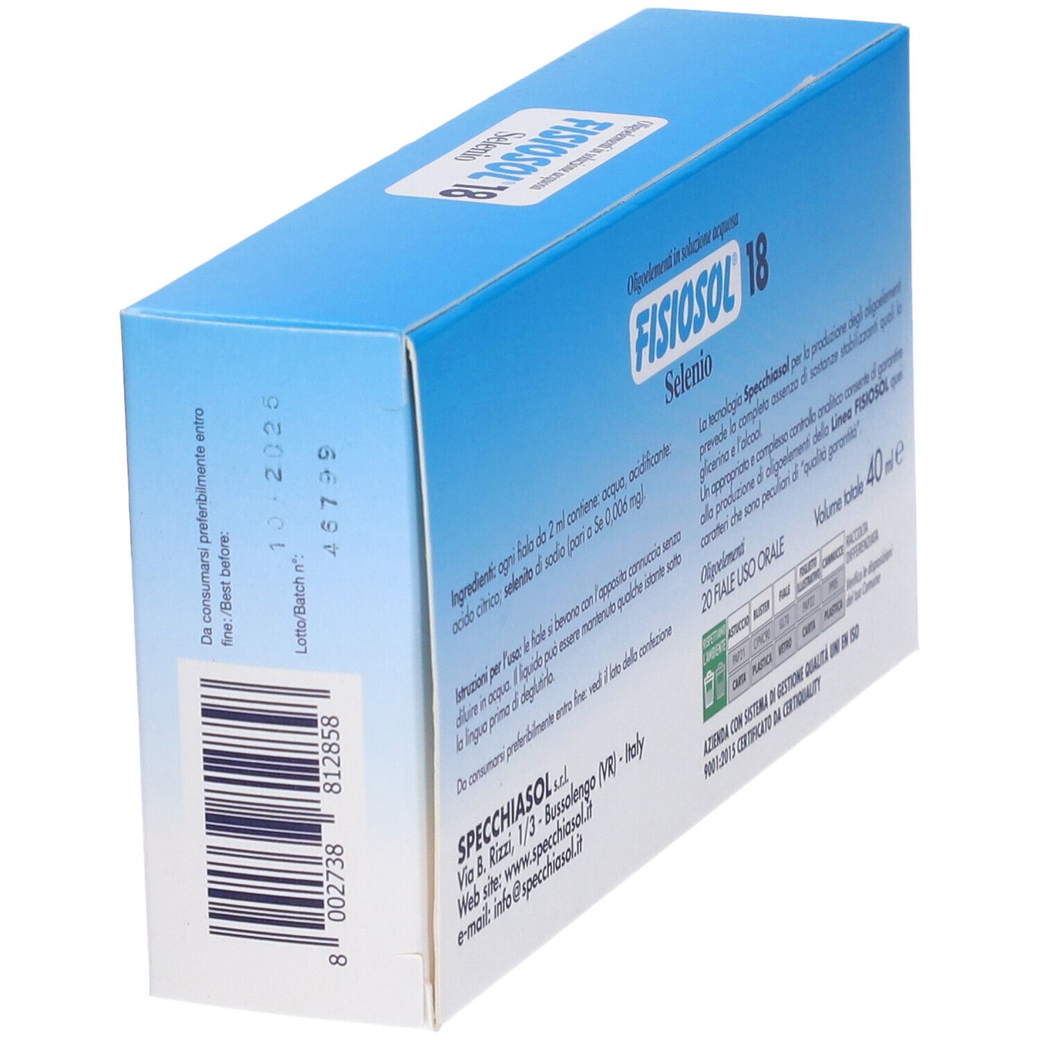 Scatola blu Fisiosol 18 Se 20F. Retro con informazioni, codice a barre e logo. Testo in italiano.