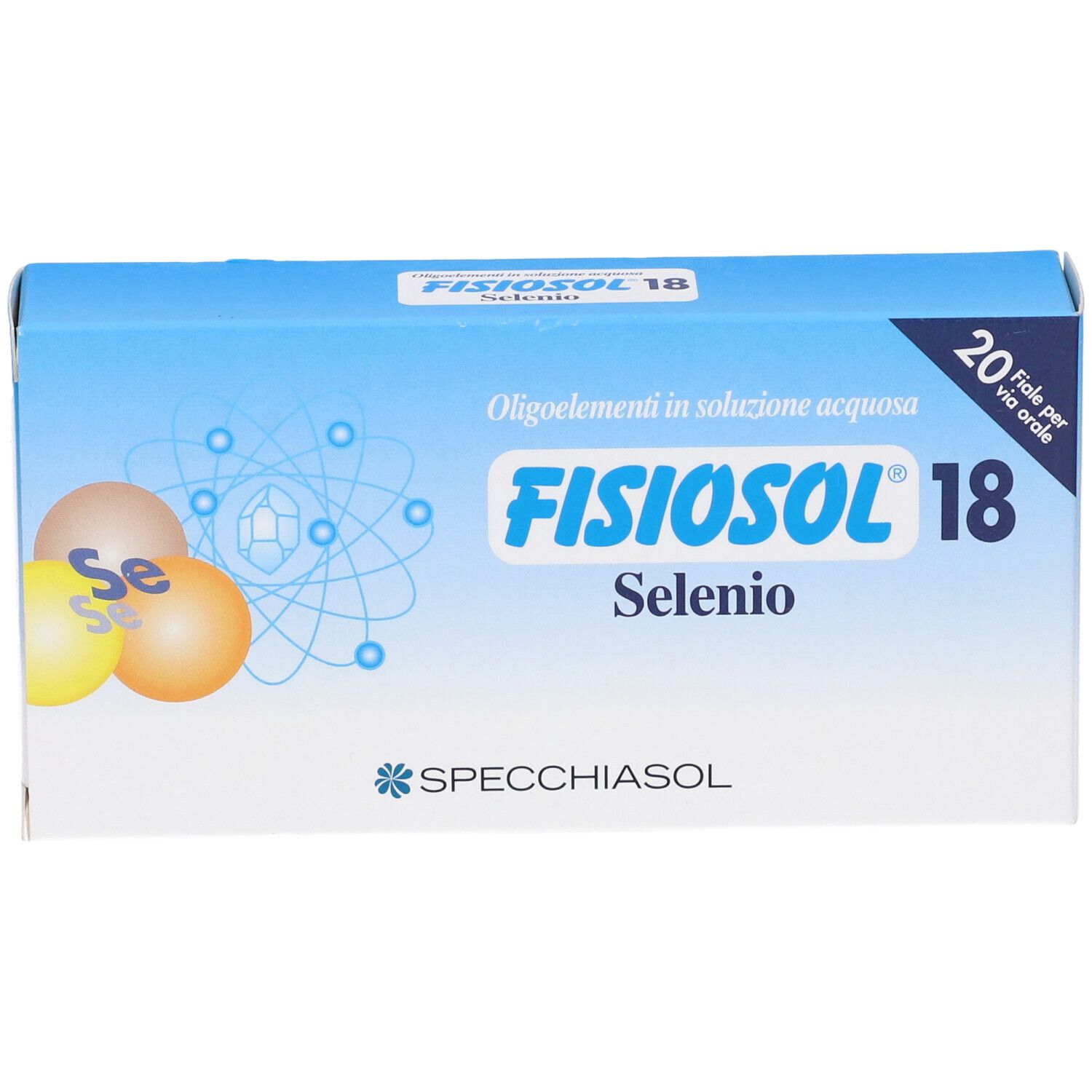 Scatola blu Fisiosol 18 Se 20F. Nome del prodotto, logo e 20 fiale. Vista frontale.