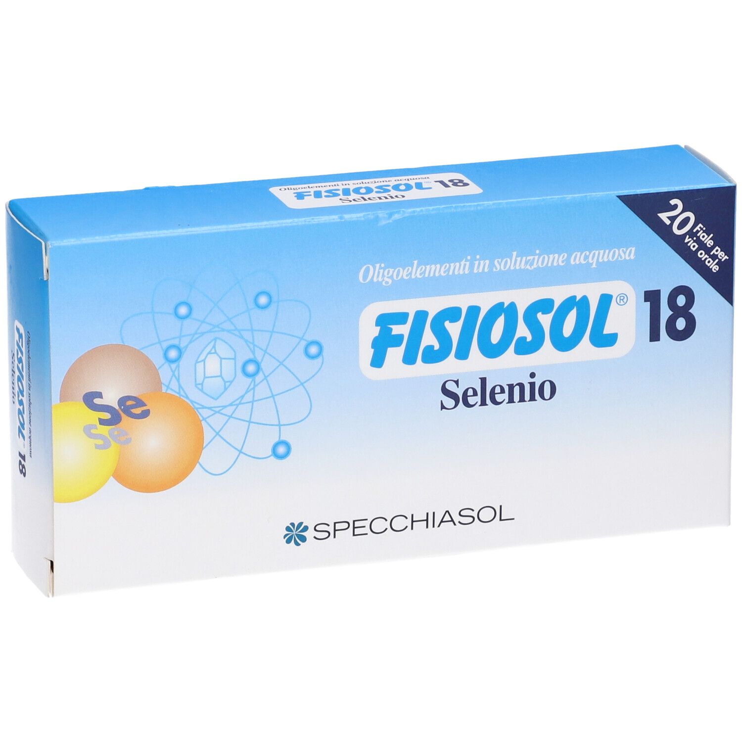 Scatola blu Fisiosol 18 Se 20F. Nome del prodotto, logo e 20 fiale. Vista prospettica.
