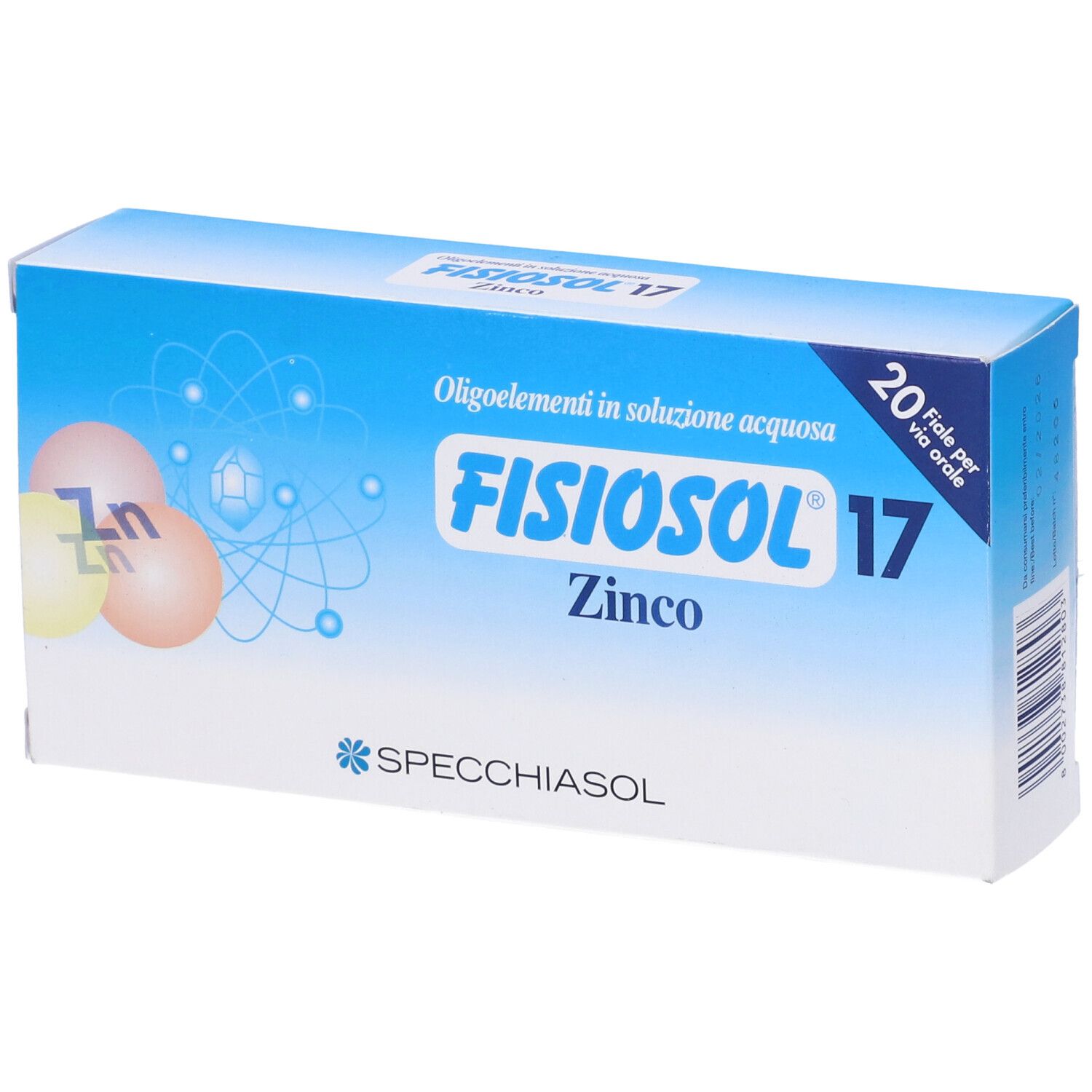 Scatola Fisiosol 17 Zn. Confezione blu con nome del prodotto, logo e simboli Zn. Scritta: 20 fiale per uso orale.