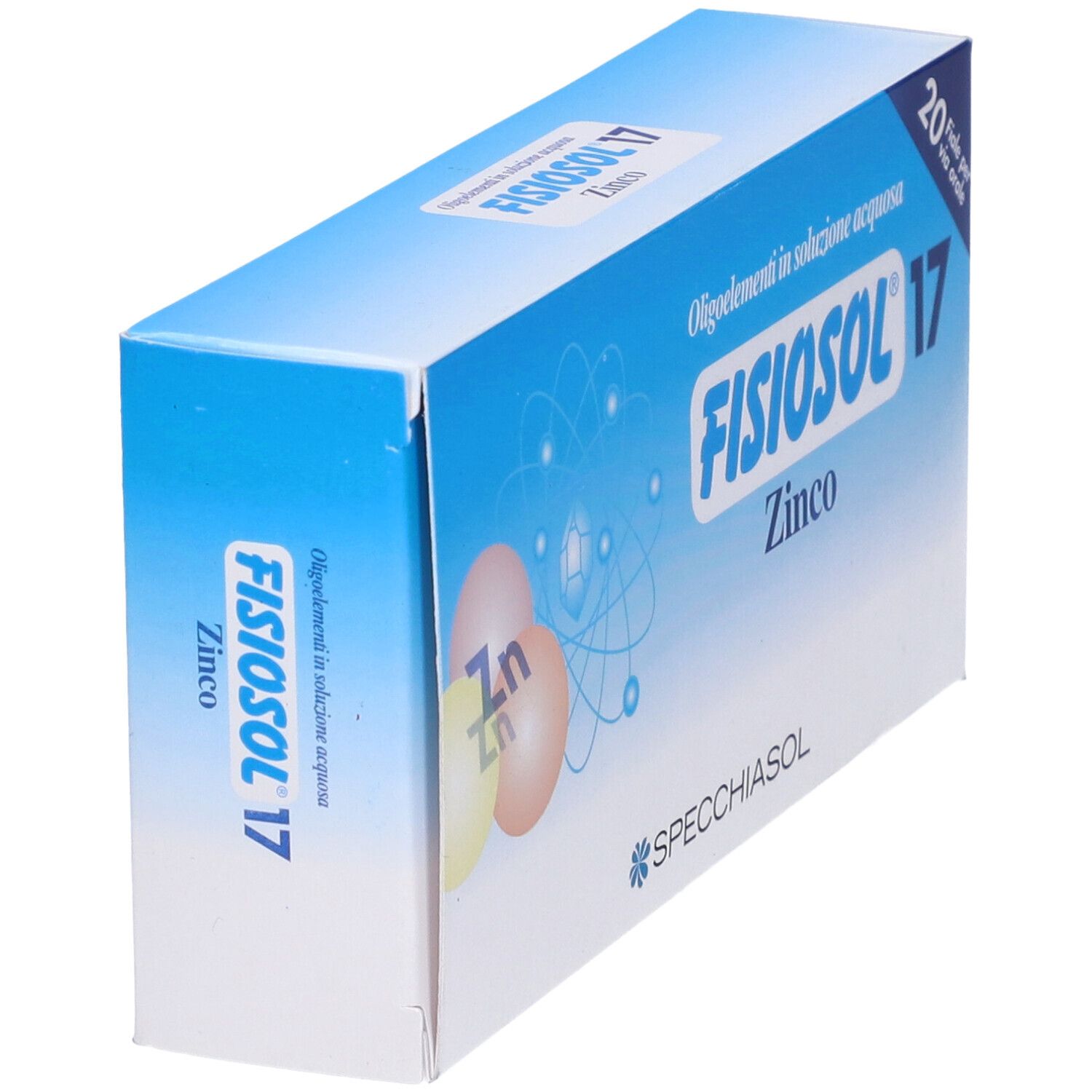 Scatola Fisiosol 17 Zn. Confezione blu con nome del prodotto, logo e simboli Zn. Scritta: 20 fiale per uso orale.