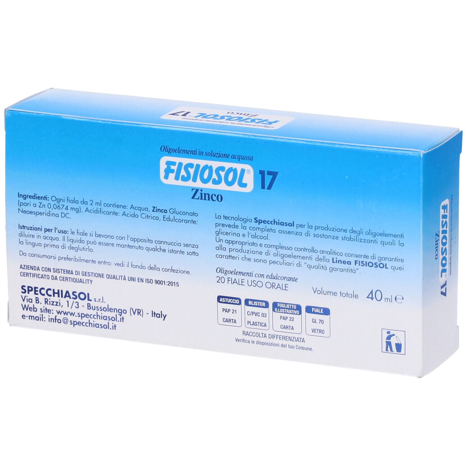 Scatola Fisiosol 17 Zn. Confezione blu con nome del prodotto, logo e simboli Zn. Retro con testo e certificazioni.
