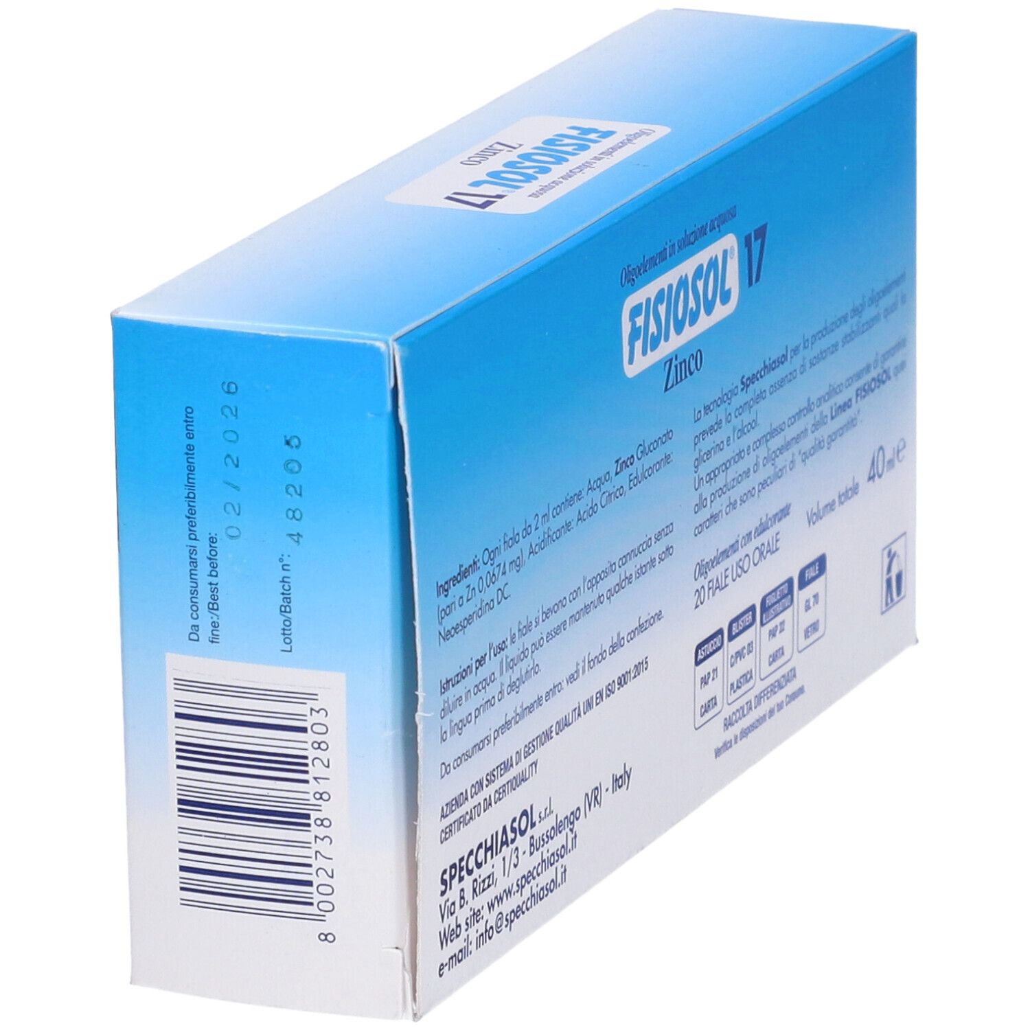 Scatola Fisiosol 17 Zn. Confezione blu con nome del prodotto, logo e simboli Zn. Retro con testo e data di scadenza.
