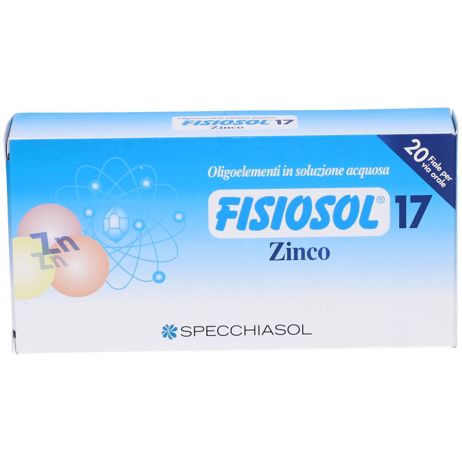 Scatola Fisiosol 17 Zn. Confezione blu con nome del prodotto, logo e simboli Zn. Scritta: 20 fiale per uso orale.