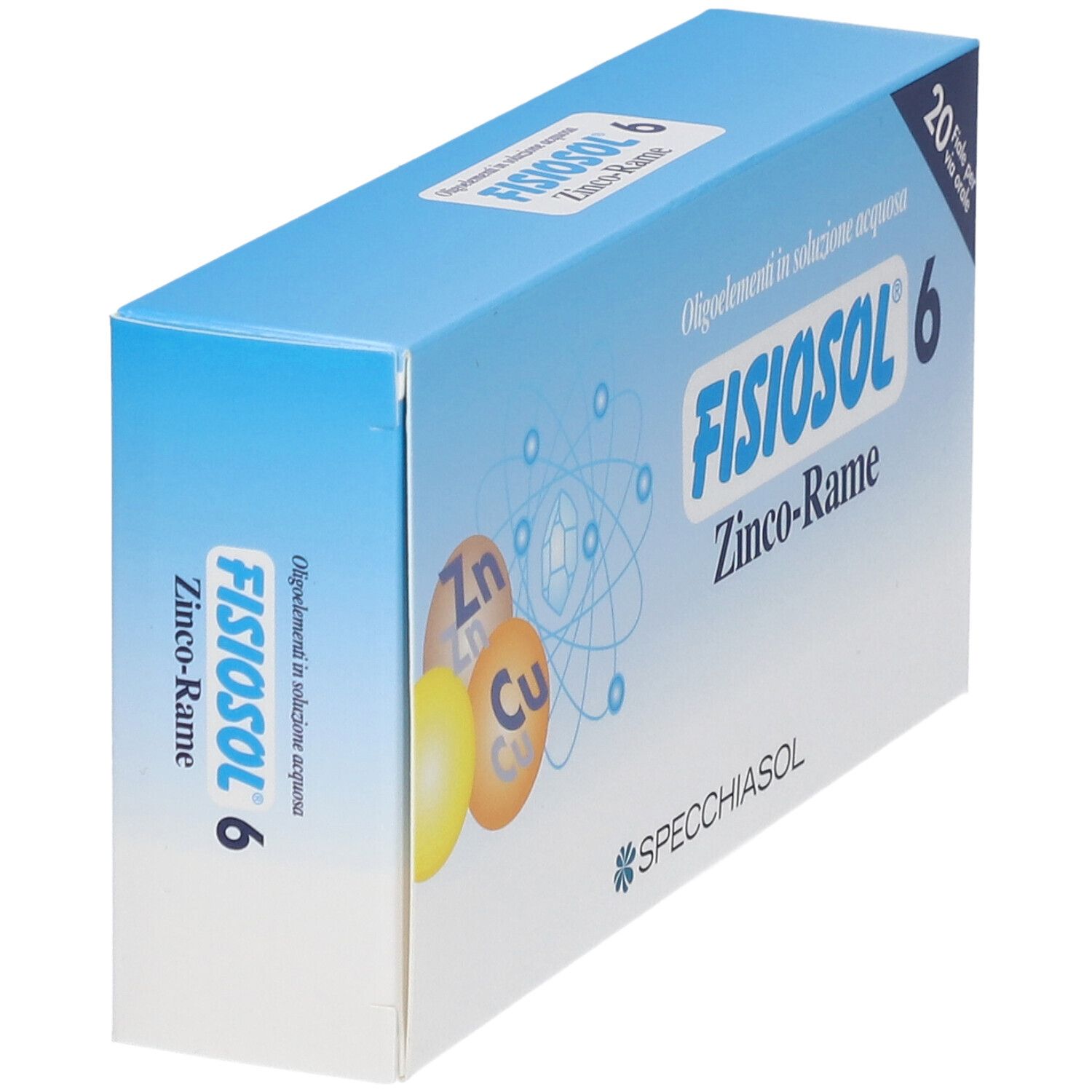 Scatola FISIOSOL 6 Zinco-Rame, blu e bianca. Vista laterale con nome prodotto e logo. Illustrazioni di zinco e rame.