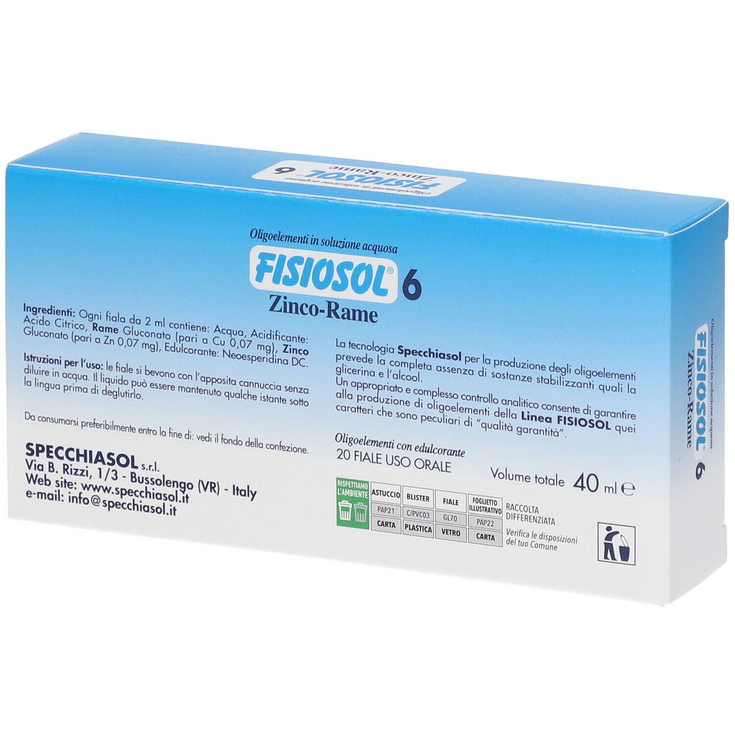 Retro della scatola FISIOSOL 6 Zinco-Rame. Contiene testo su ingredienti e istruzioni per l'uso. 20 fiale.