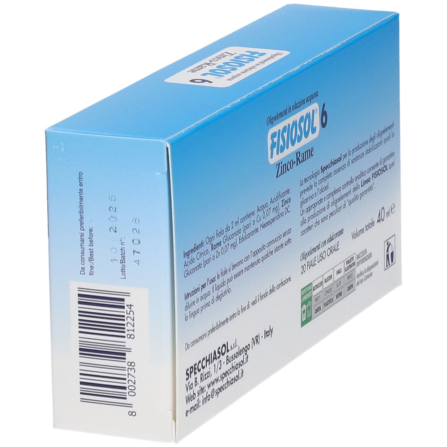 Scatola FISIOSOL 6 Zinco-Rame, retro. Testo su ingredienti e istruzioni per l'uso. Data di scadenza.