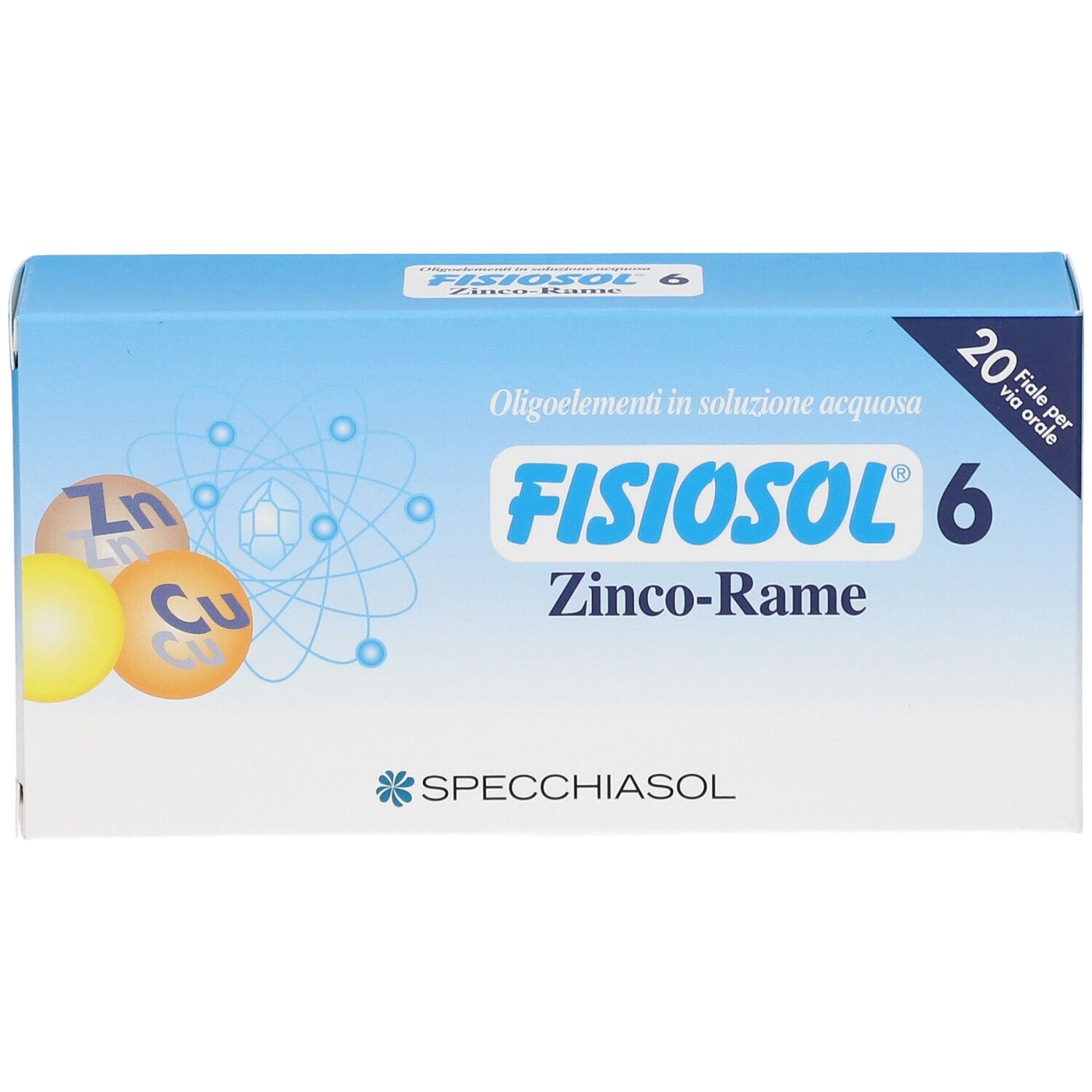 Scatola blu e bianca FISIOSOL 6 Zinco-Rame. Nome del prodotto, logo e illustrazioni di zinco e rame. 20 fiale.