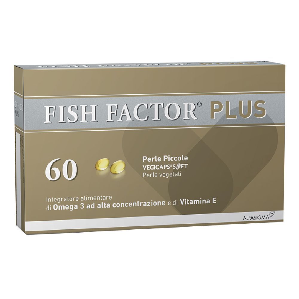 Scatola di Fish Factor Plus, 60 Perle Piccole. Contiene Omega 3 e Vitamina E. Marchio: Alfasiigma.