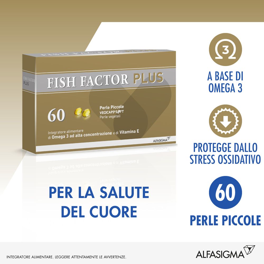 Confezione di Fish Factor Plus. Contiene 60 Perle Piccole. Testo: A base di Omega 3, Protegge dallo stress ossidativo.