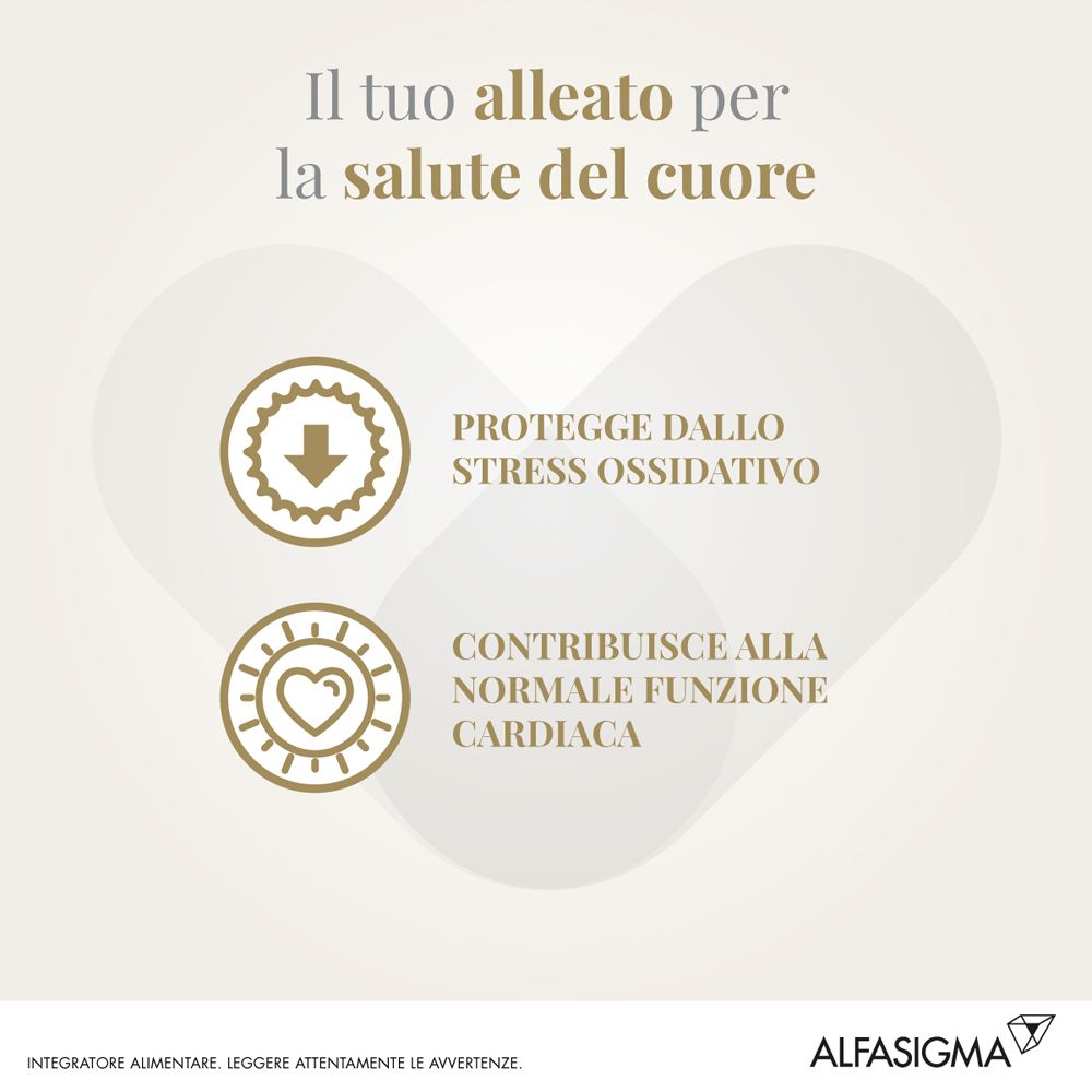 Grafica con simboli. Mostra: Protegge dallo stress ossidativo e Contribuisce alla normale funzione cardiaca.