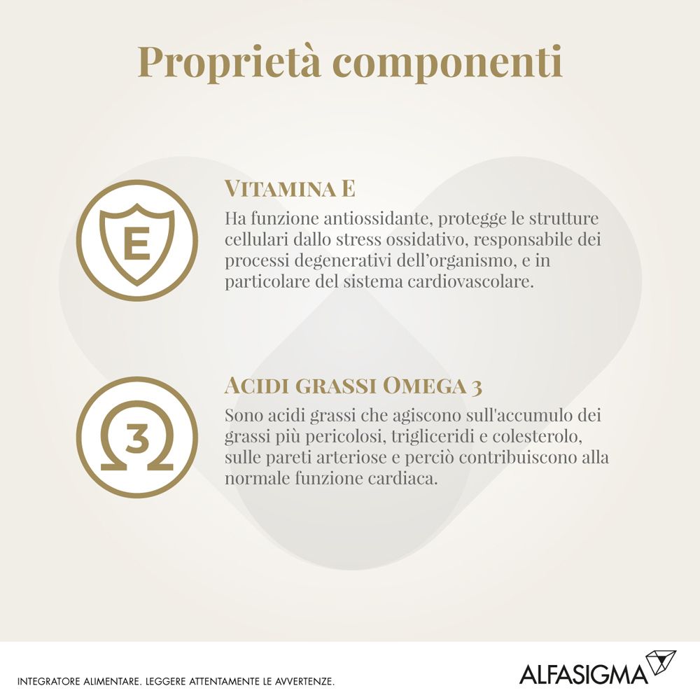 Grafica con testo. Mostra: Vitamina E e Acidi grassi Omega 3. Marchio: Alfasiigma.